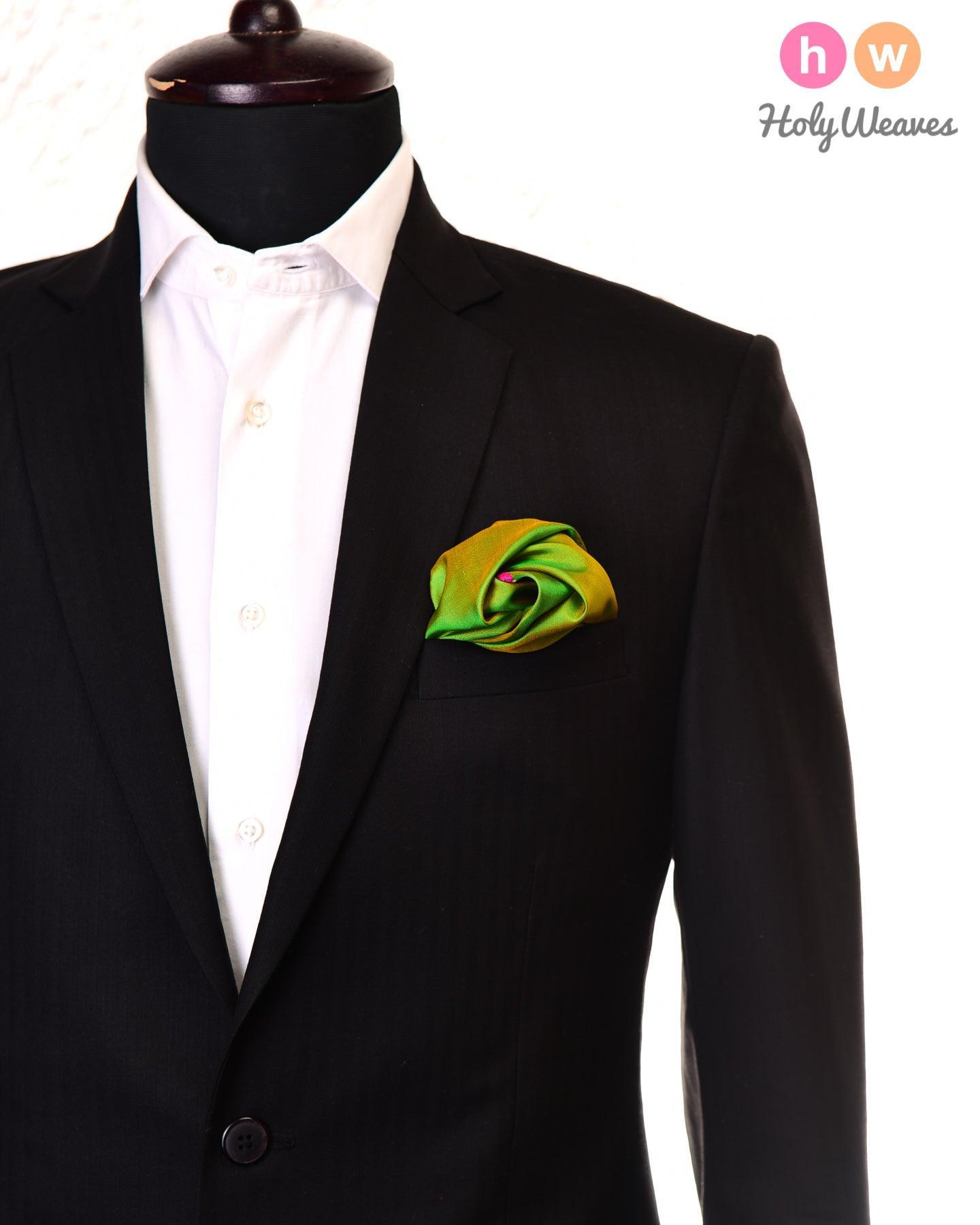 Green Kadhuan Brocade Handwoven Pure Silk Pocket Square For Men - By HolyWeaves, Benares