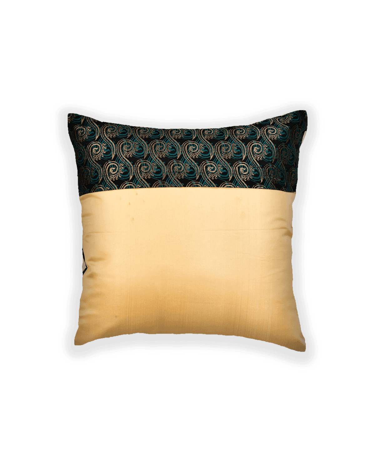 Green On Black Brocade Handwoven Silk Cushion Cover with Satin Back 16" - By HolyWeaves, Benares
