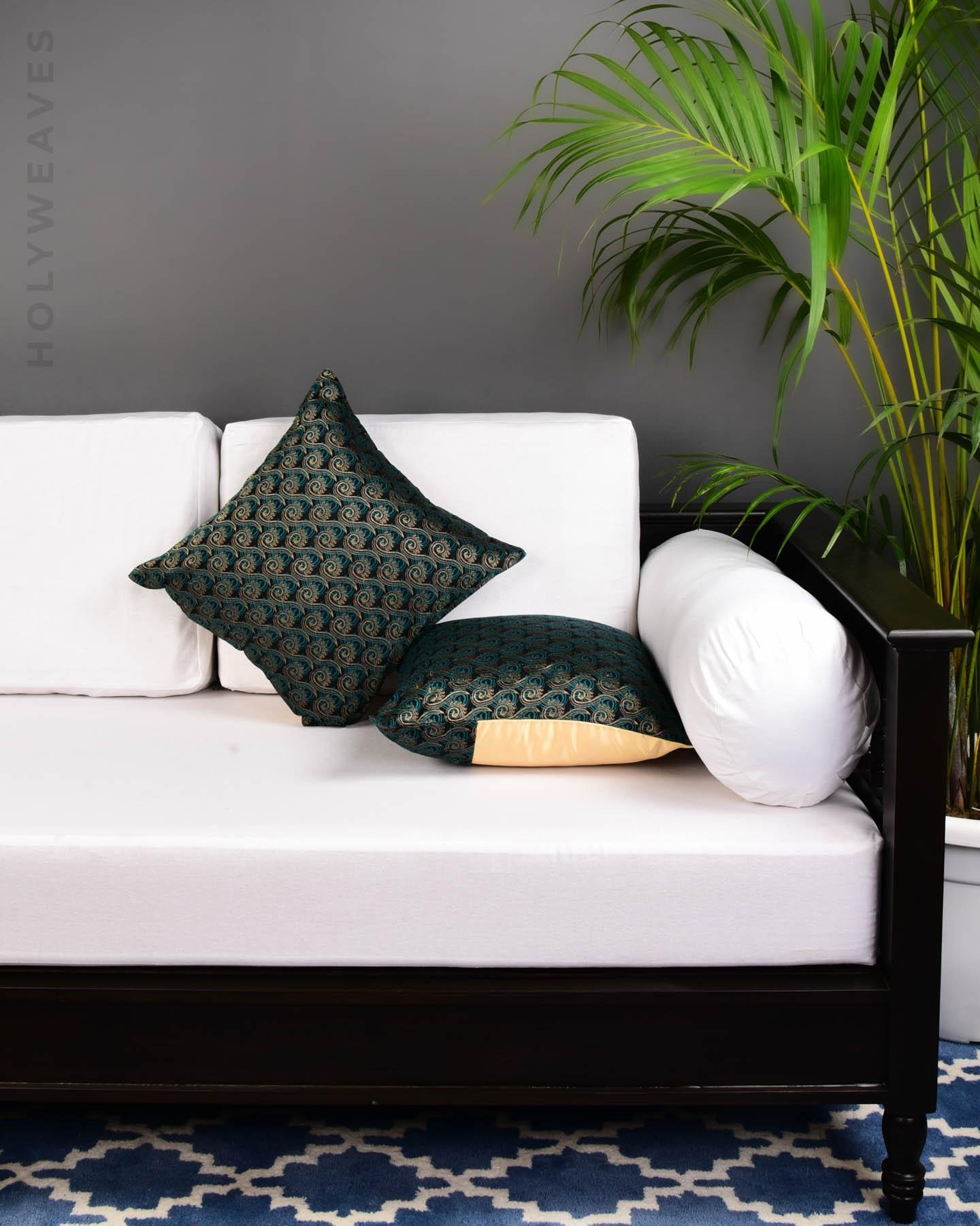 Green On Black Brocade Handwoven Silk Cushion Cover with Satin Back 16" - By HolyWeaves, Benares