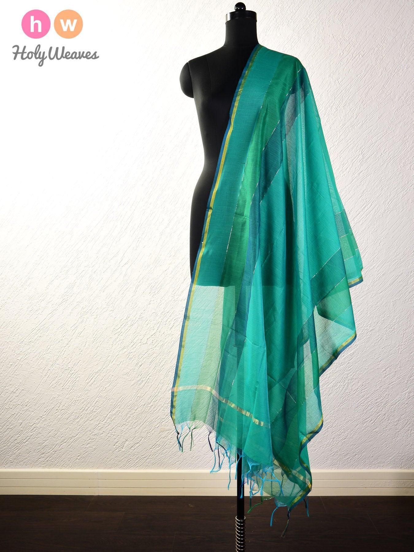 Green Zari Pin Stripes Woven Cotton Silk Dupatta - By HolyWeaves, Benares