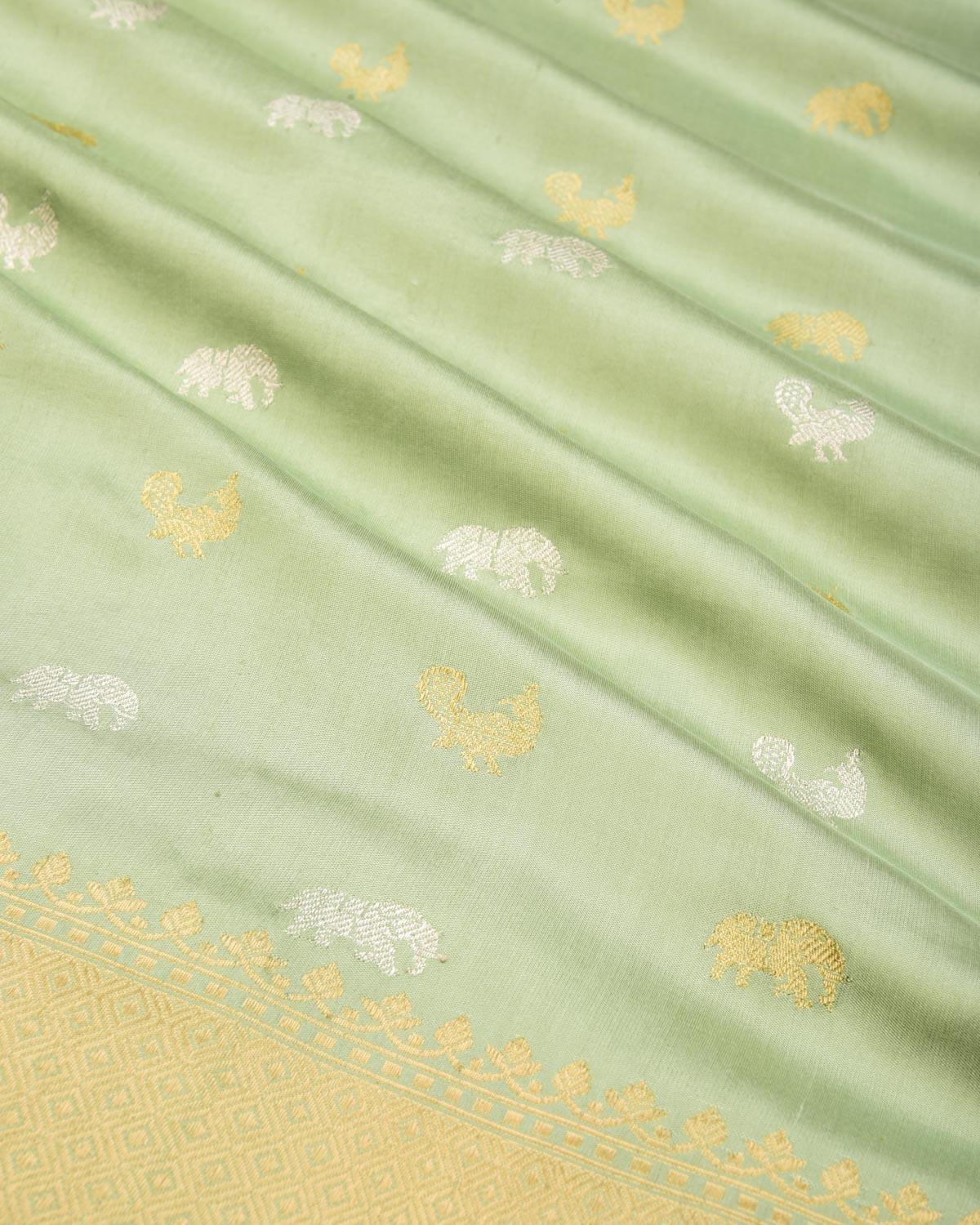 Laurel Green Banarasi Elephant & Peacock Buti Gold & Silver Zari Kadhuan Brocade Handwoven Katan Silk Saree - By HolyWeaves, Benares