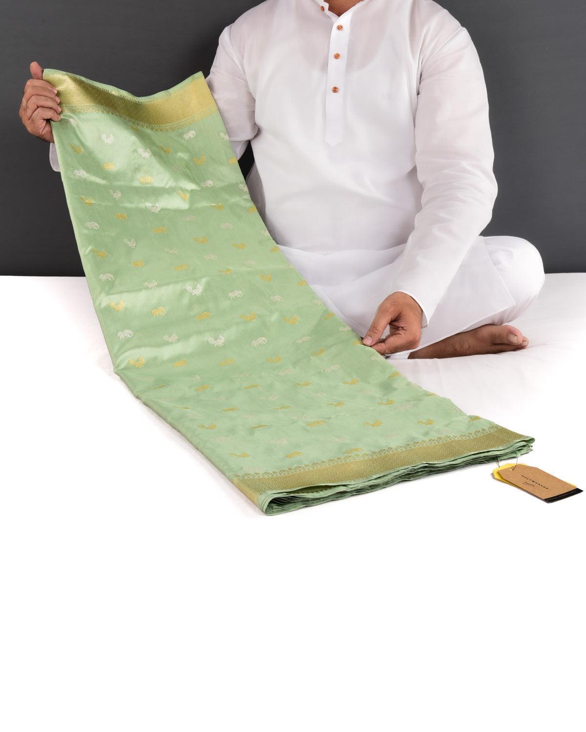 Laurel Green Banarasi Elephant & Peacock Buti Gold & Silver Zari Kadhuan Brocade Handwoven Katan Silk Saree - By HolyWeaves, Benares
