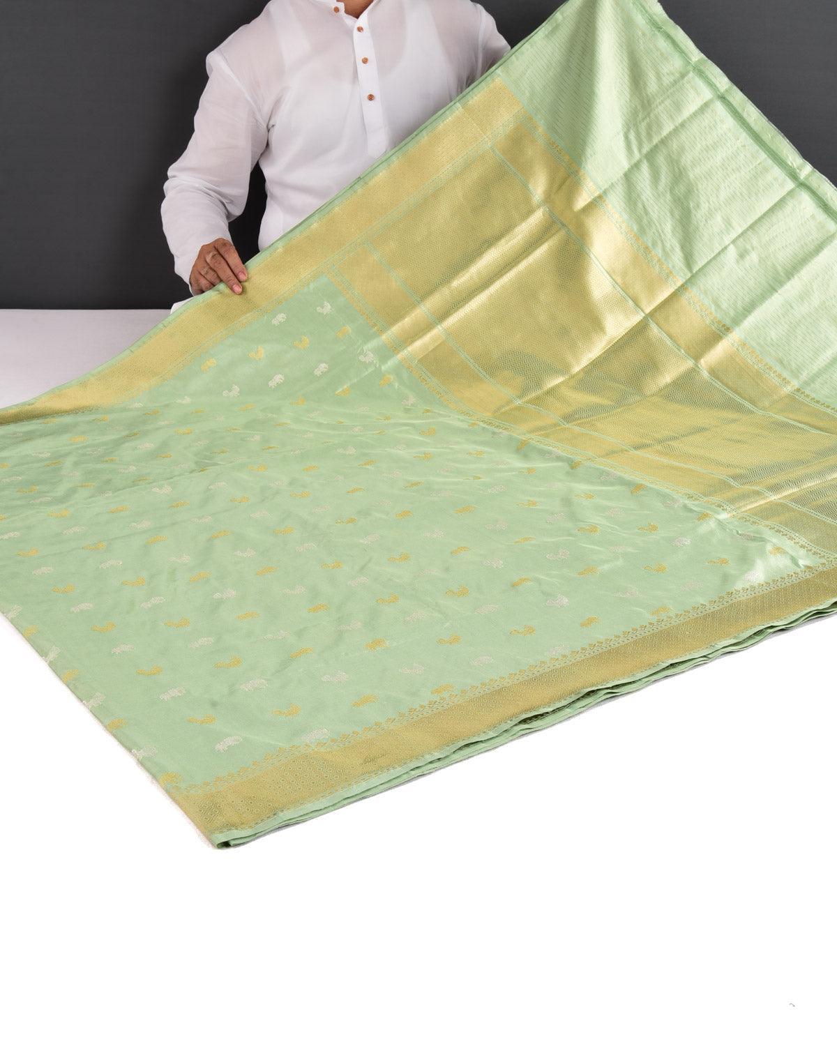 Laurel Green Banarasi Elephant & Peacock Buti Gold & Silver Zari Kadhuan Brocade Handwoven Katan Silk Saree - By HolyWeaves, Benares