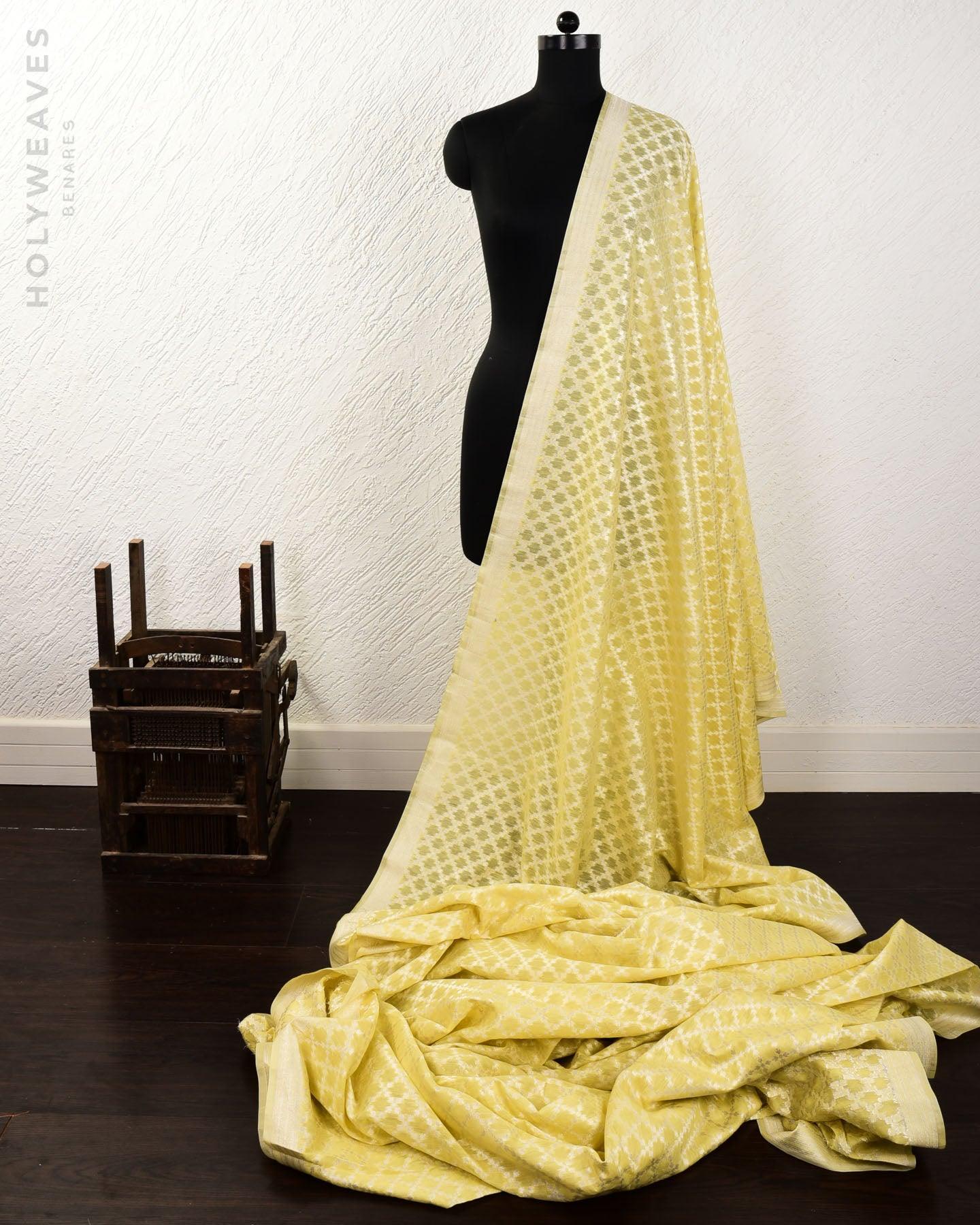 Lime Green Banarasi Light Gold Jangla Cutwork Brocade Handwoven Cotton Silk Fabric - By HolyWeaves, Benares