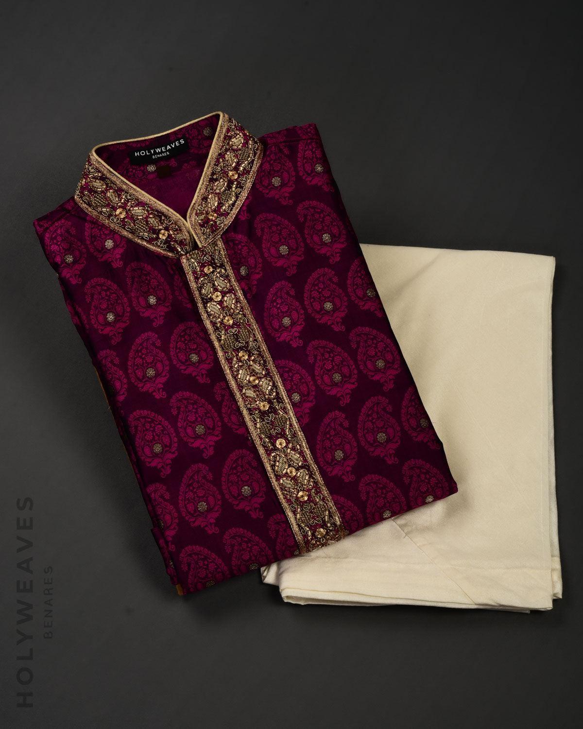 Magenta Banarasi Hand-embroidered Silk Mens Kurta Pyjama - By HolyWeaves, Benares