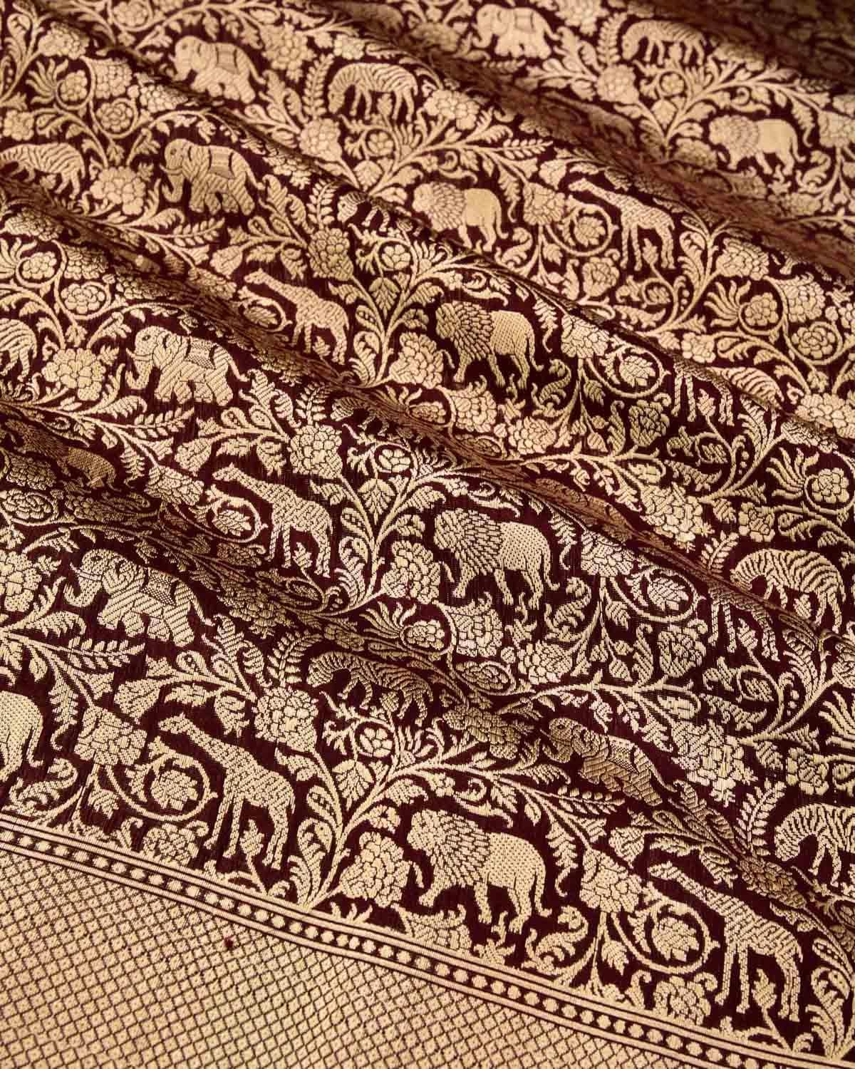 Mahogany Banarasi Lion Giraffe Zebra Elephant Shikargah Brocade Handwoven Katan Silk Saree - By HolyWeaves, Benares