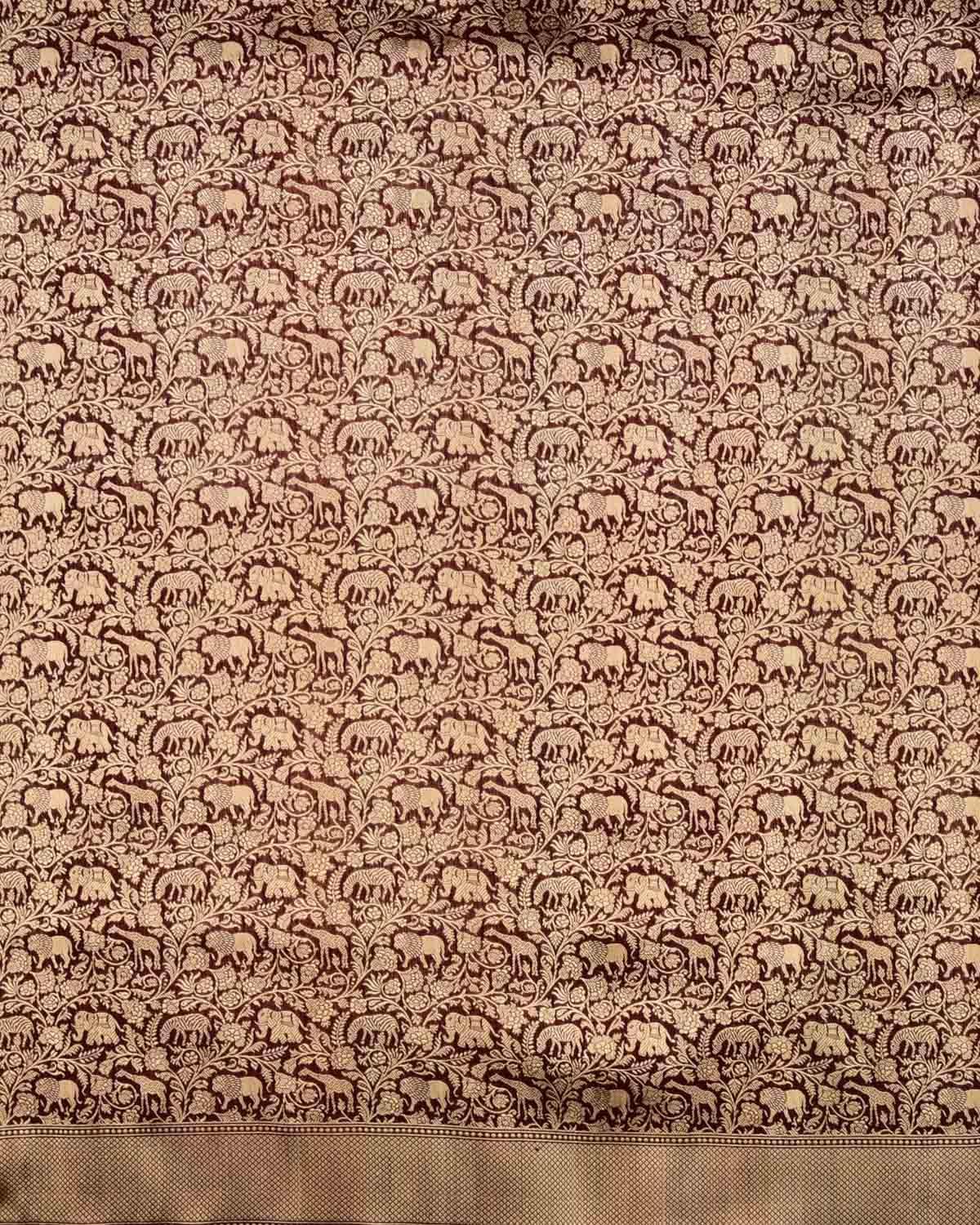 Mahogany Banarasi Lion Giraffe Zebra Elephant Shikargah Brocade Handwoven Katan Silk Saree - By HolyWeaves, Benares