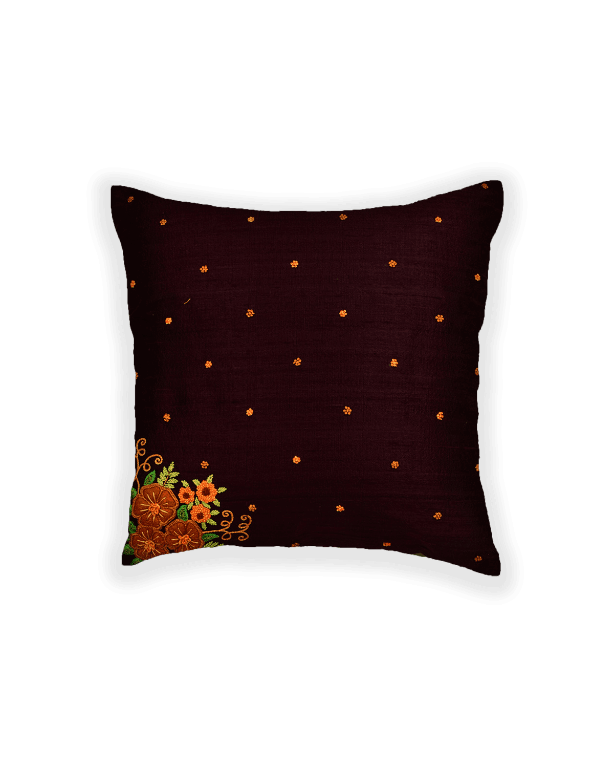 Mahogany Hand-embroidered Raw Silk Cushion Cover 16" - By HolyWeaves, Benares