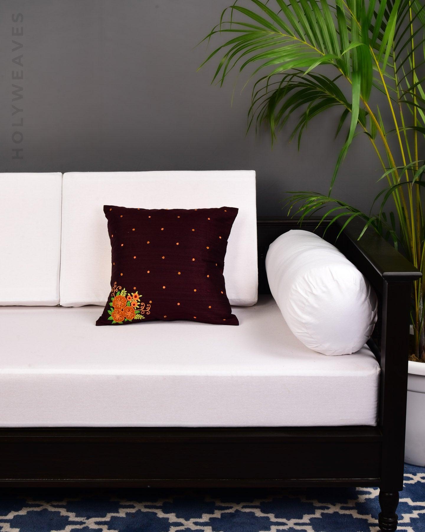 Mahogany Hand-embroidered Raw Silk Cushion Cover 16" - By HolyWeaves, Benares