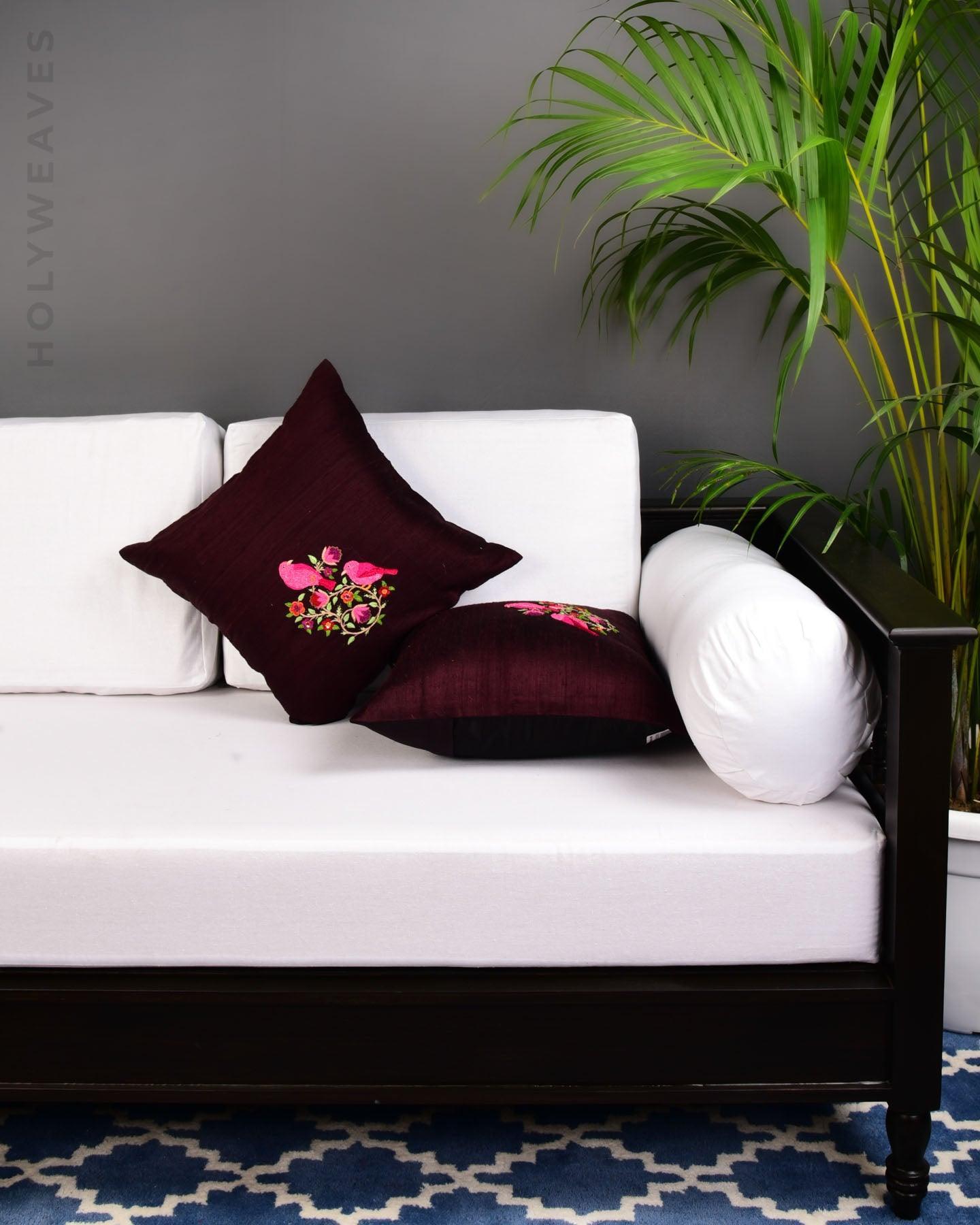 Mahogany Hand-embroidered Raw Silk Cushion Cover with Satin Back 16" - By HolyWeaves, Benares