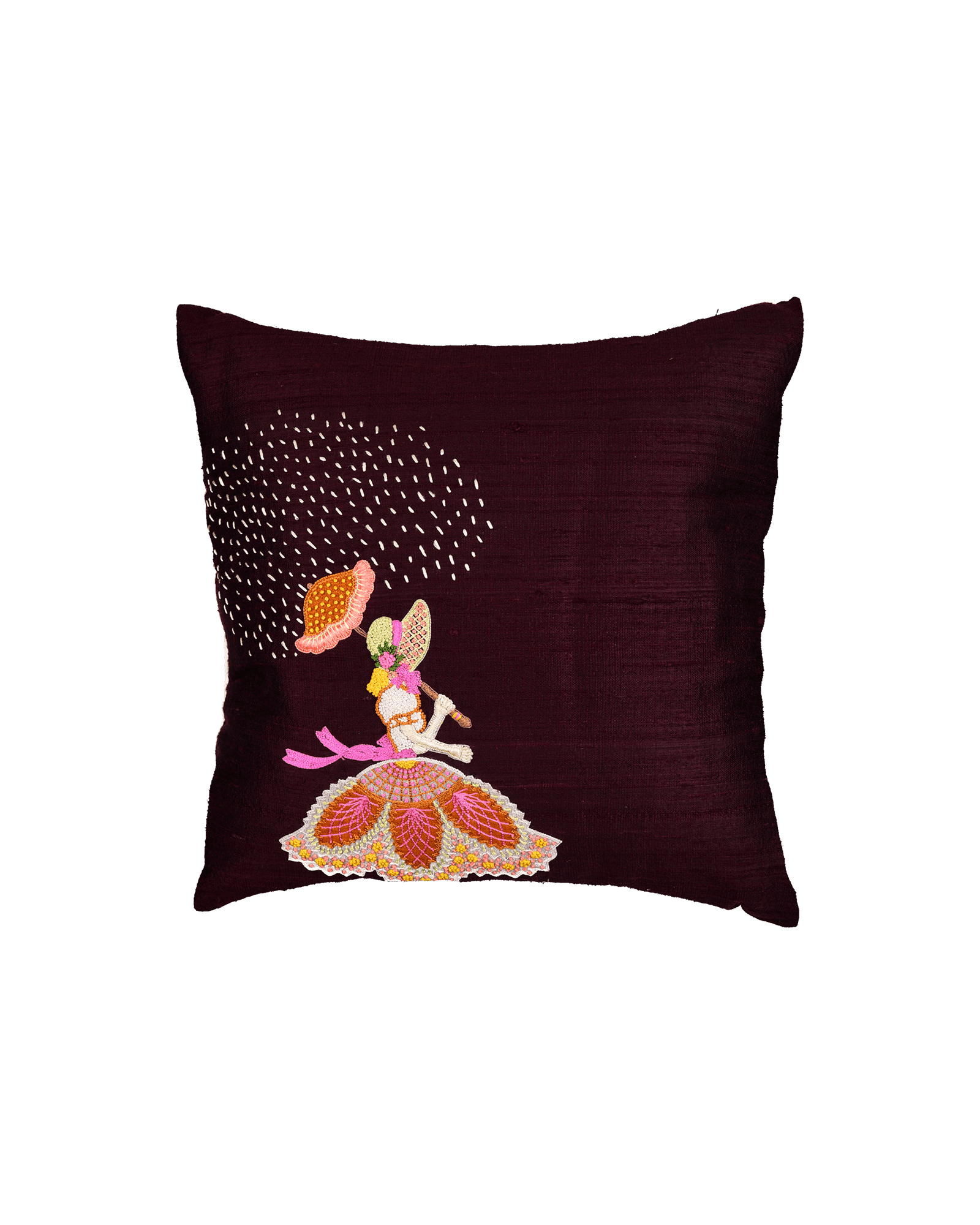 Mahogany Premium Hand-embroidered Raw Silk Centrepiece Cushion Cover 16" - By HolyWeaves, Benares
