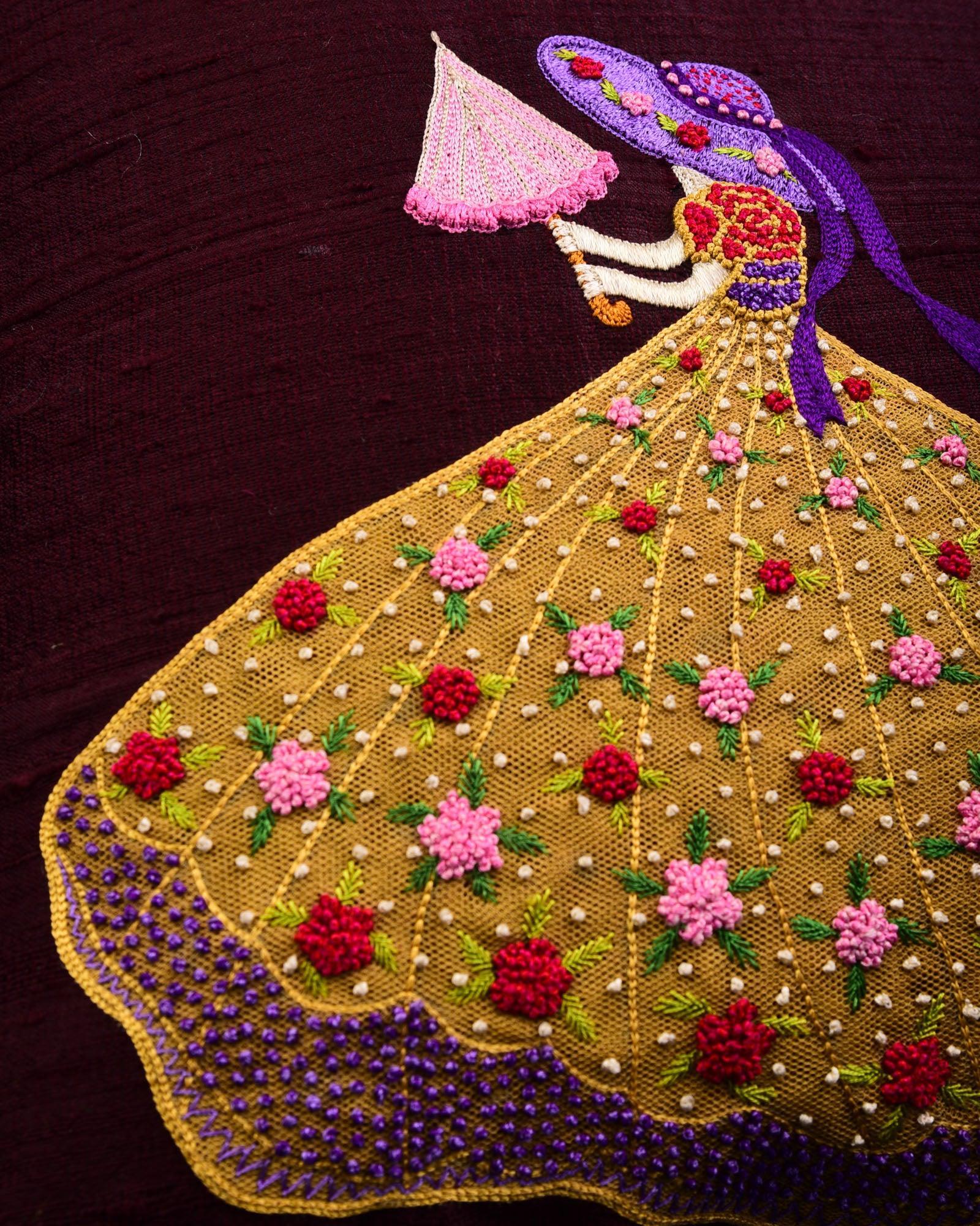 Mahogany Premium Hand-embroidered Raw Silk Centrepiece Cushion Cover 16" - By HolyWeaves, Benares