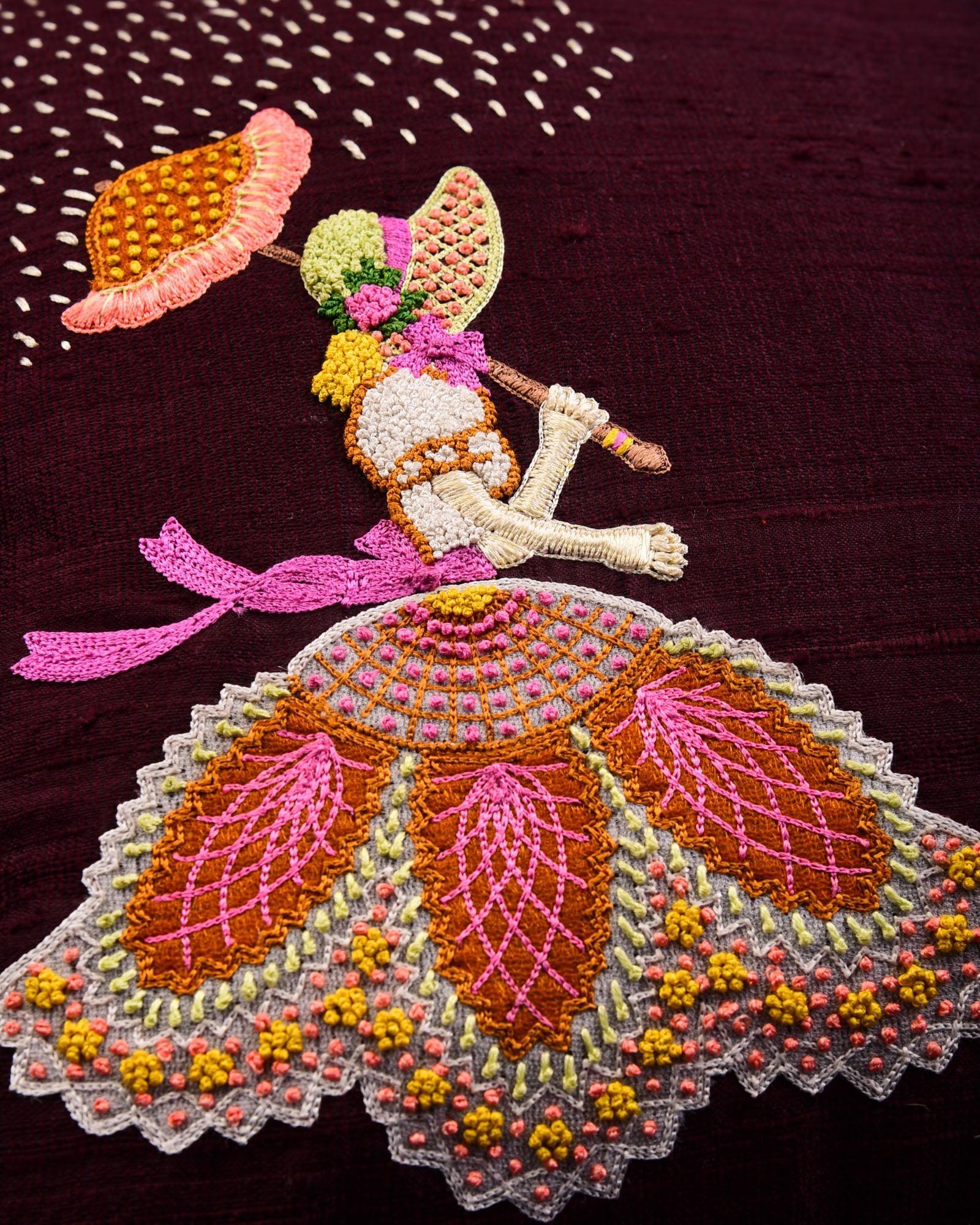 Mahogany Premium Hand-embroidered Raw Silk Centrepiece Cushion Cover 16" - By HolyWeaves, Benares