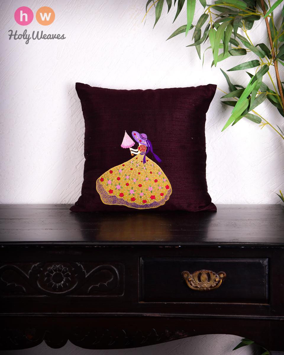 Mahogany Premium Hand-embroidered Raw Silk Centrepiece Cushion Cover 16" - By HolyWeaves, Benares