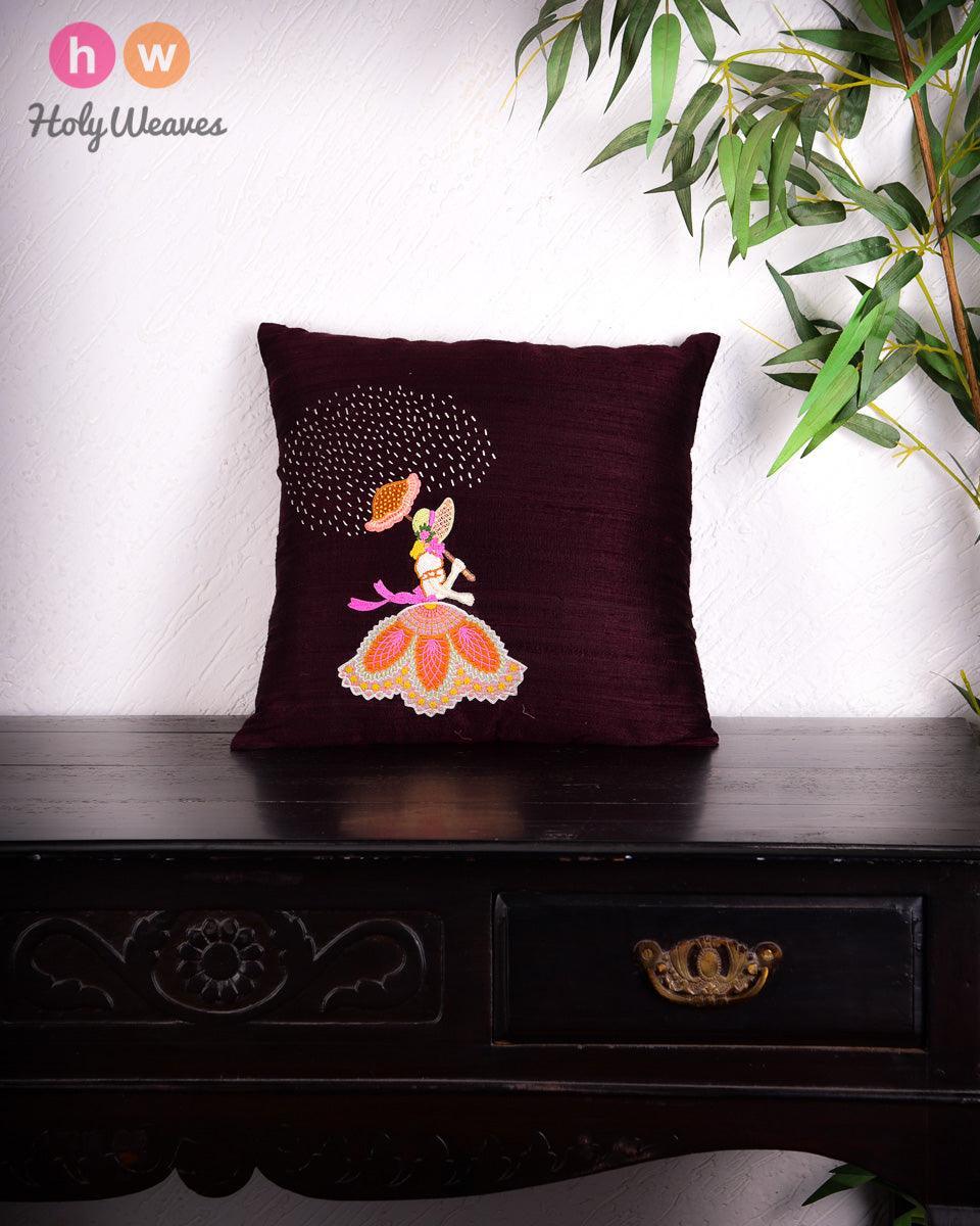 Mahogany Premium Hand-embroidered Raw Silk Centrepiece Cushion Cover 16" - By HolyWeaves, Benares