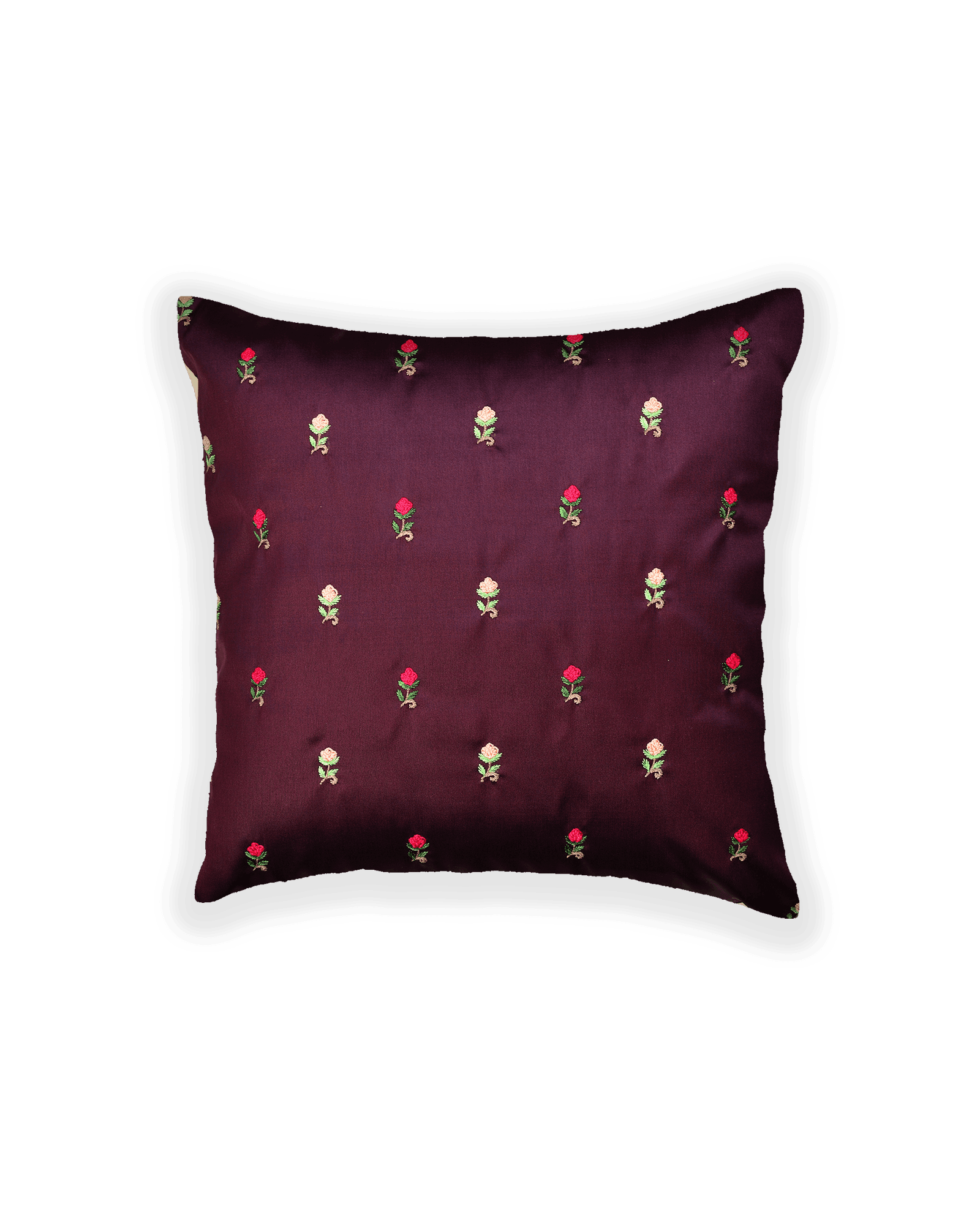 Mahogany Satin Hand-embroidered Poly Silk Cushion Cover 16" - By HolyWeaves, Benares
