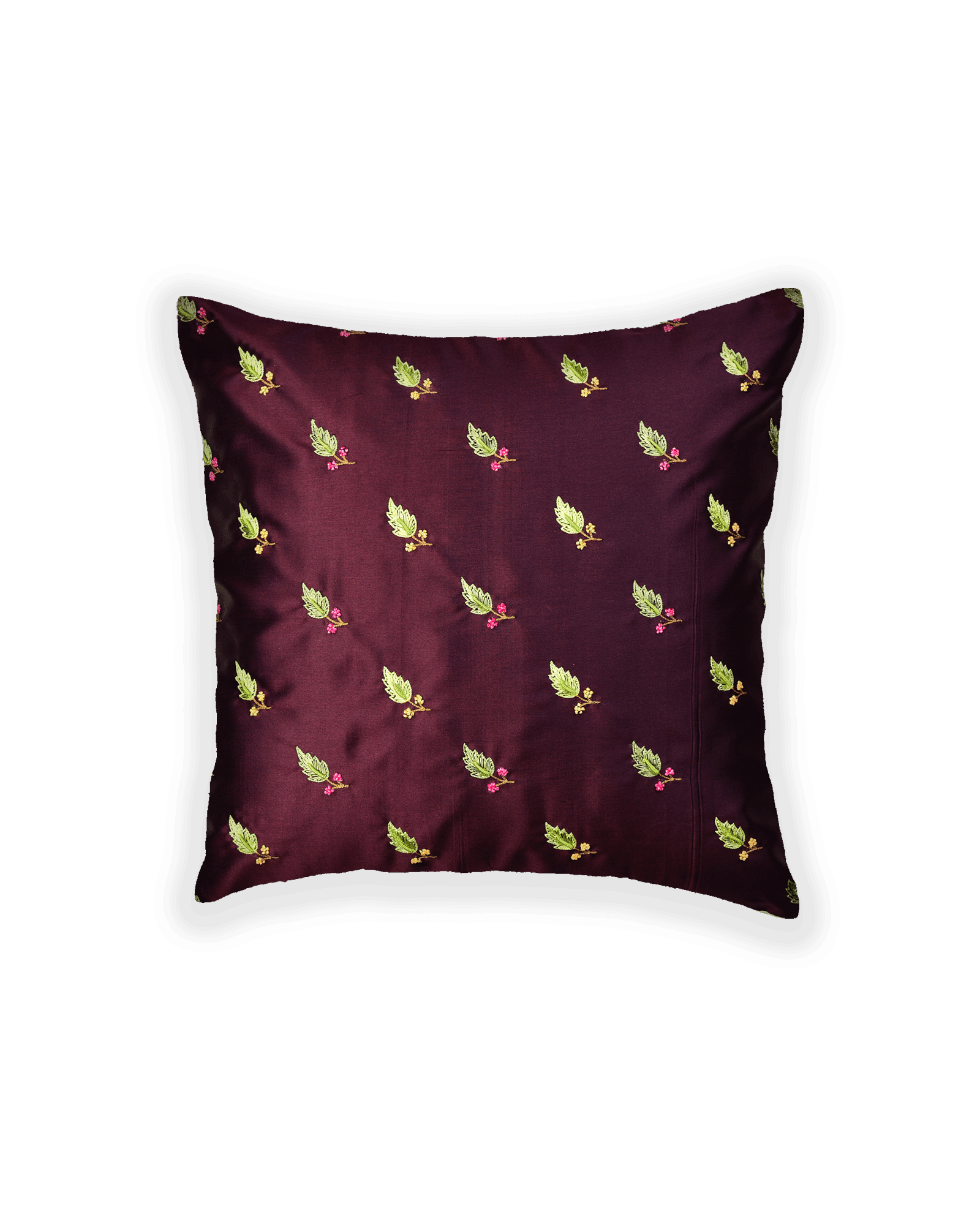 Mahogany Satin Hand-embroidered Poly Silk Cushion Cover 16" - By HolyWeaves, Benares
