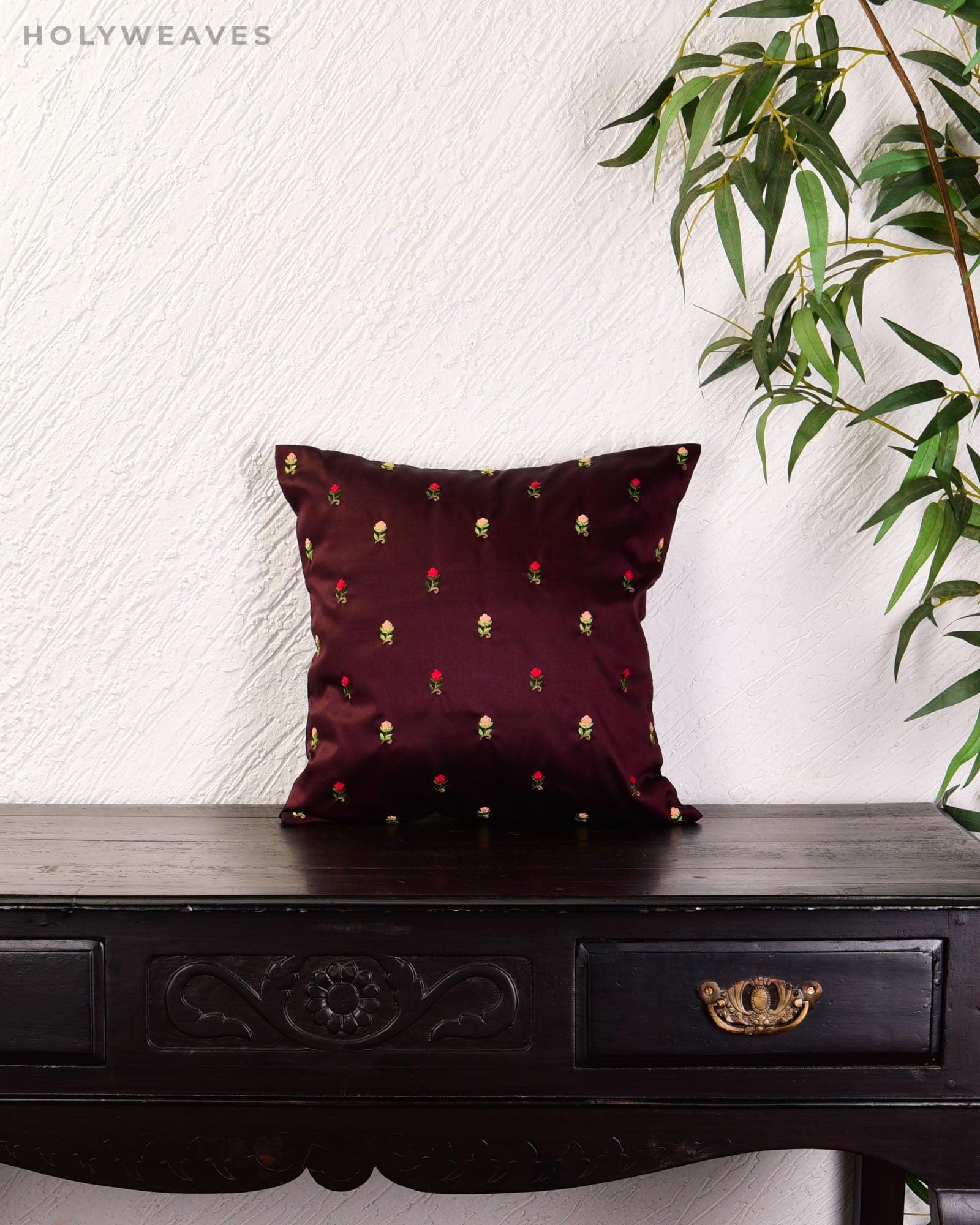 Mahogany Satin Hand-embroidered Poly Silk Cushion Cover 16" - By HolyWeaves, Benares