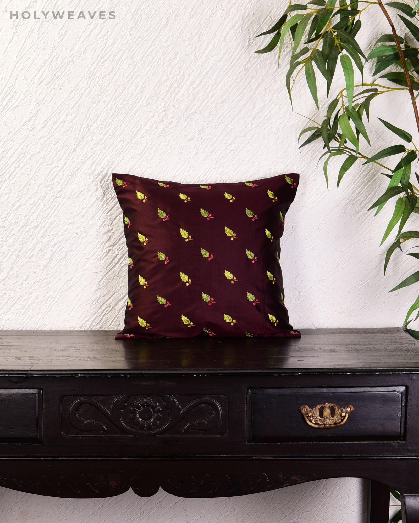 Mahogany Satin Hand-embroidered Poly Silk Cushion Cover 16" - By HolyWeaves, Benares