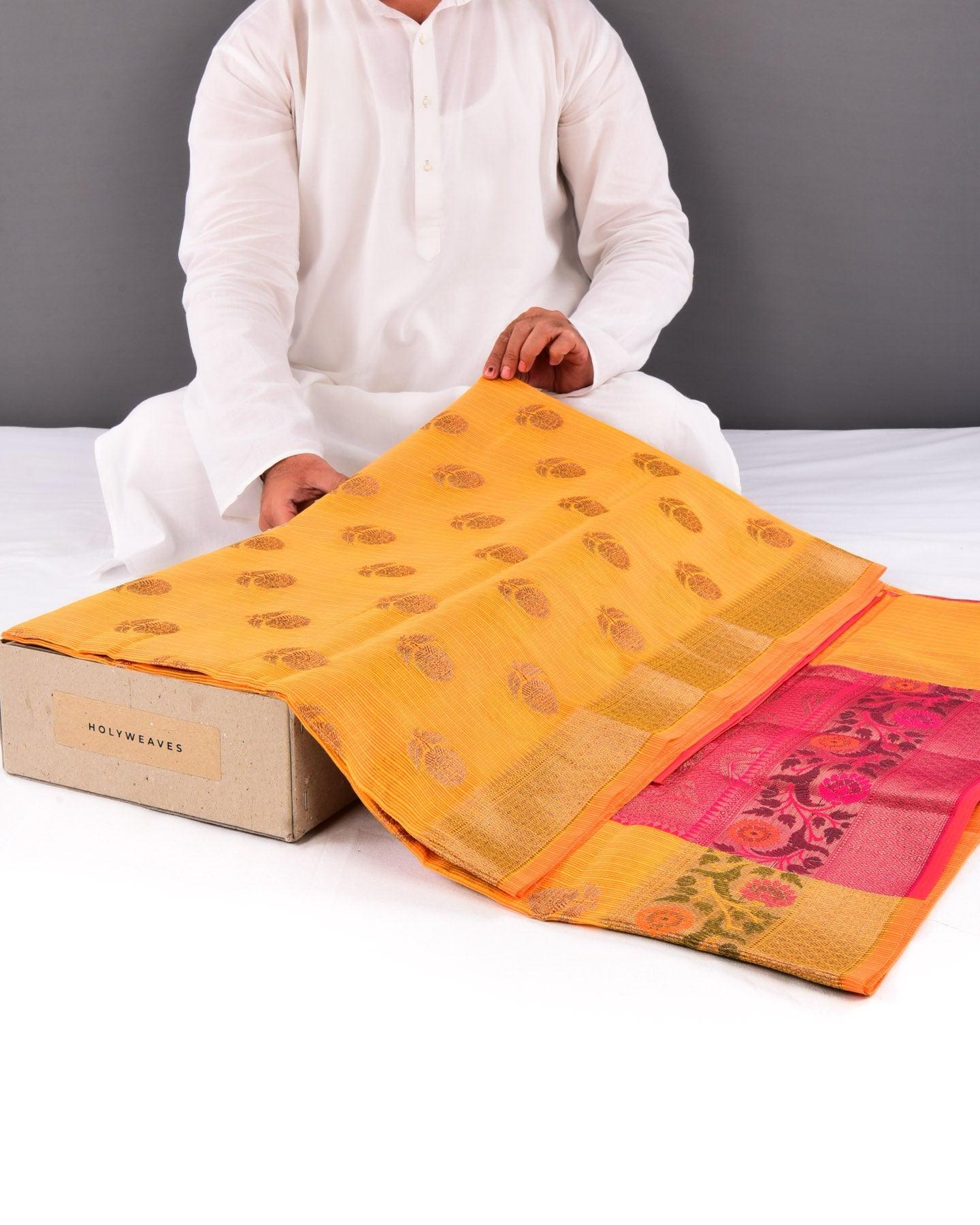 Marigold Yellow Banarasi Kota Check Texture Antique Zari Buta Cutwork Brocade Woven Cotton Silk Saree with Meena Bel Brocade Border - By HolyWeaves, Benares