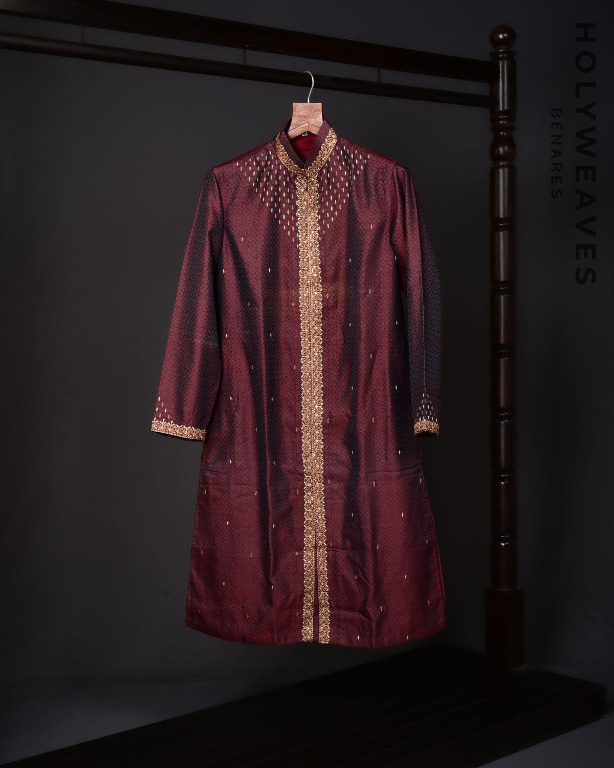 Maroon Banarasi Hand-embroidered Cotton Silk Mens Kurta Pyjama - By HolyWeaves, Benares