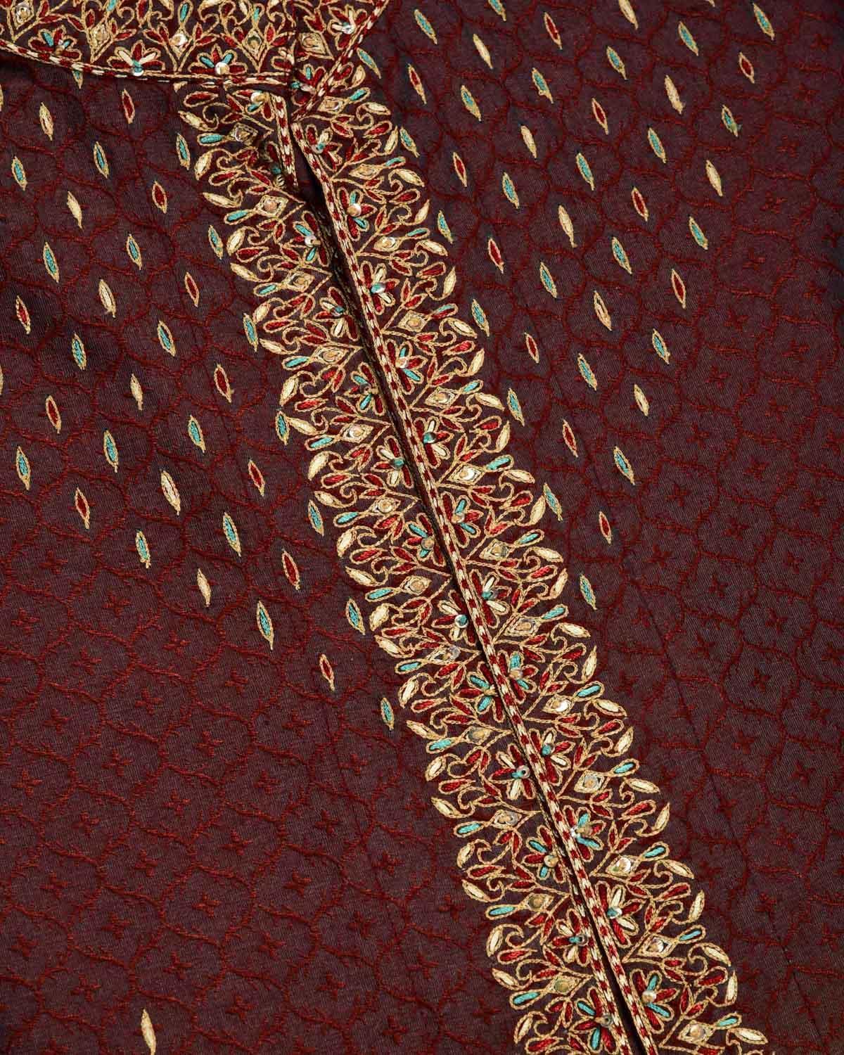 Maroon Banarasi Hand-embroidered Cotton Silk Mens Kurta Pyjama - By HolyWeaves, Benares