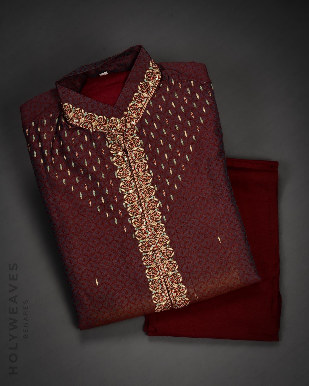 Maroon Banarasi Hand-embroidered Cotton Silk Mens Kurta Pyjama - By HolyWeaves, Benares