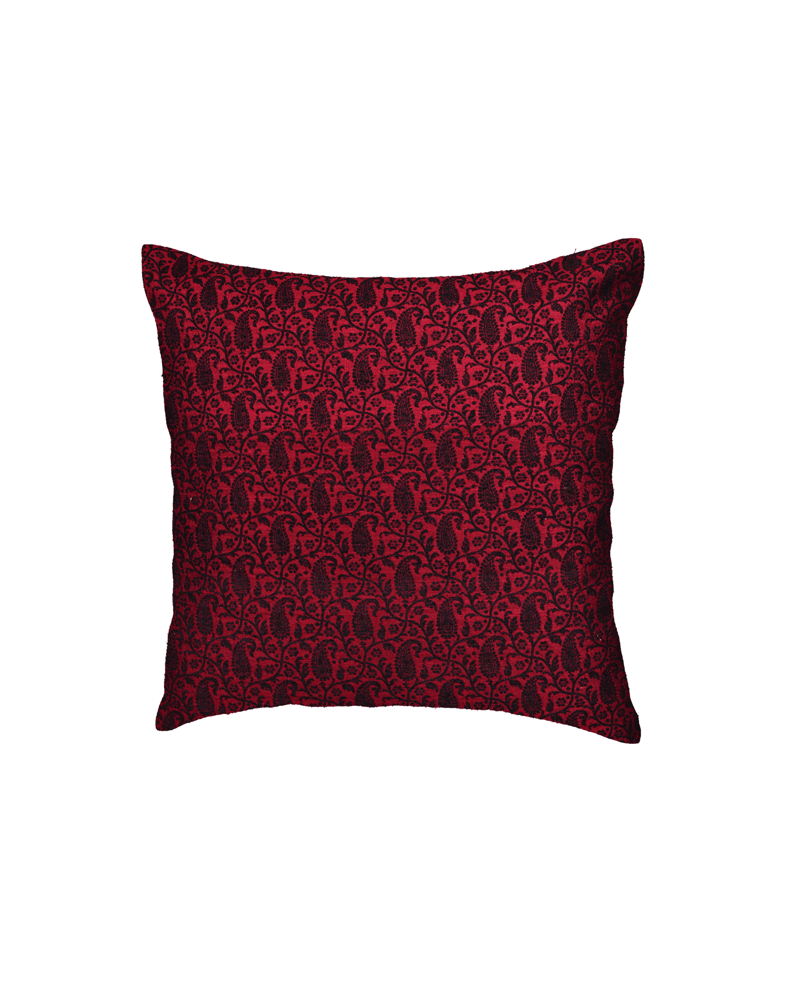 Maroon Banarasi Handloom Paisley Jaal Noile Silk Cushion Cover 16" - By HolyWeaves, Benares