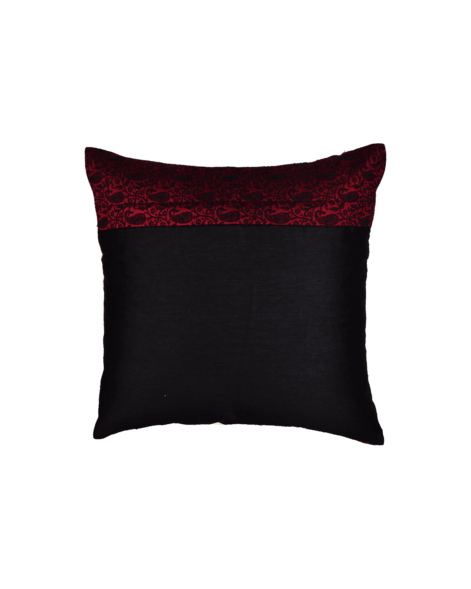 Maroon Banarasi Handloom Paisley Jaal Noile Silk Cushion Cover 16" - By HolyWeaves, Benares