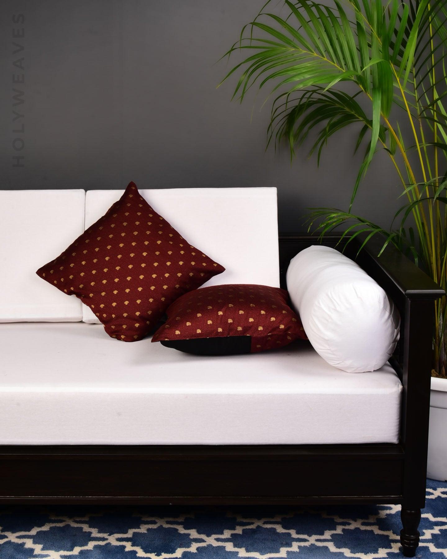 Maroon Banarasi Tanchoi Brocade Poly Cotton Cushion Cover 16" - By HolyWeaves, Benares