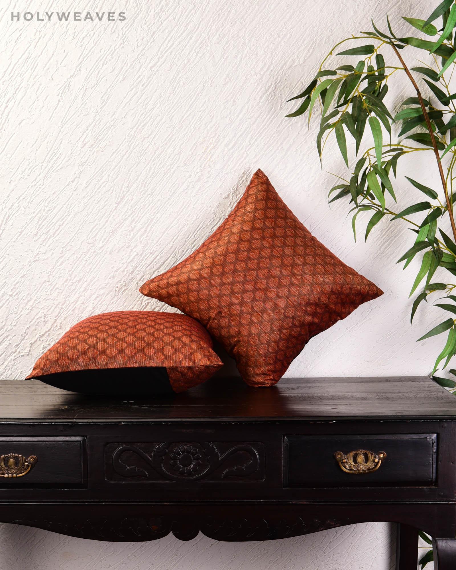 Maroon Banarasi Tanchoi Poly Cotton Cushion Cover 16" - By HolyWeaves, Benares