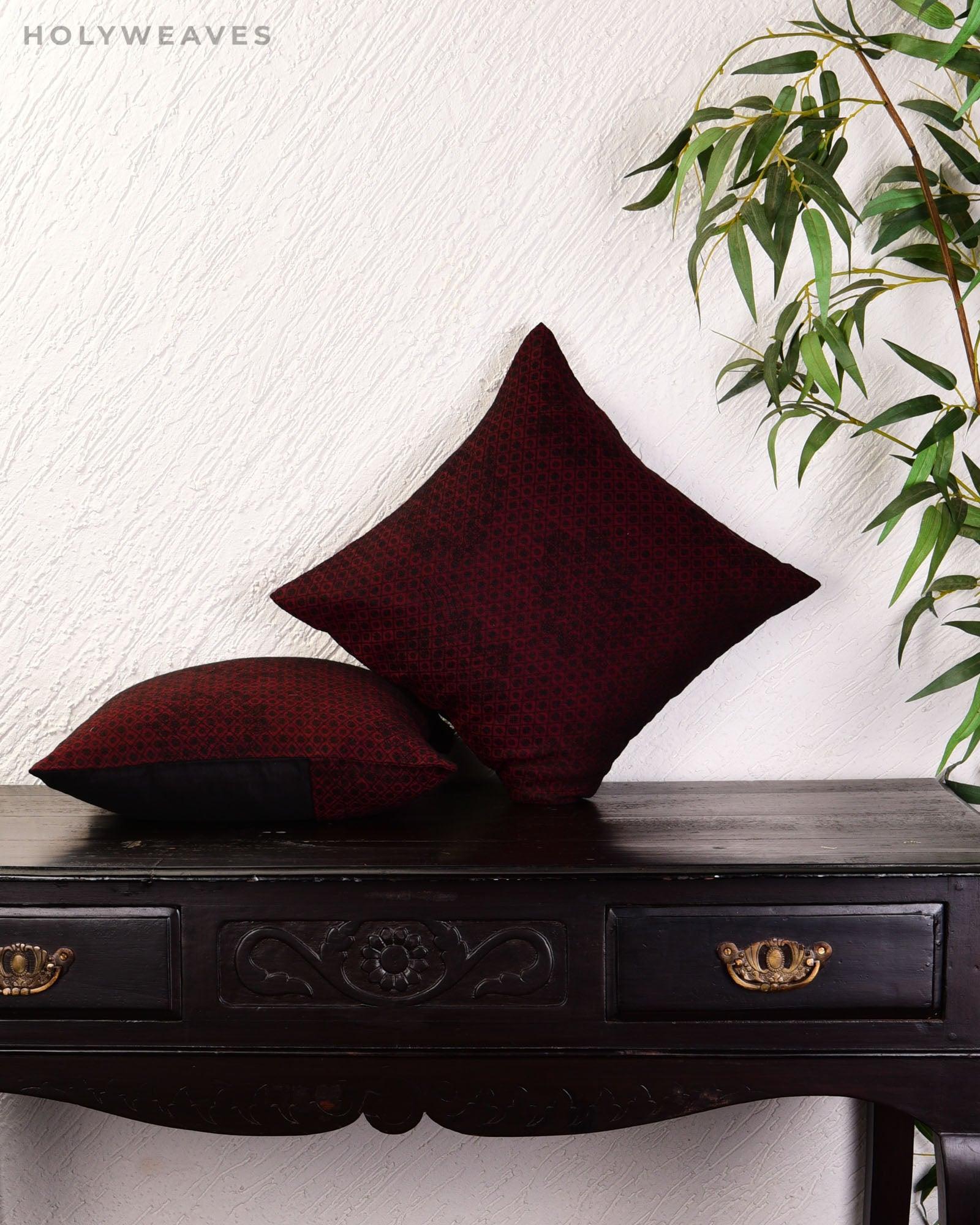 Maroon Banarasi Tanchoi Poly Cotton Cushion Cover 16" - By HolyWeaves, Benares