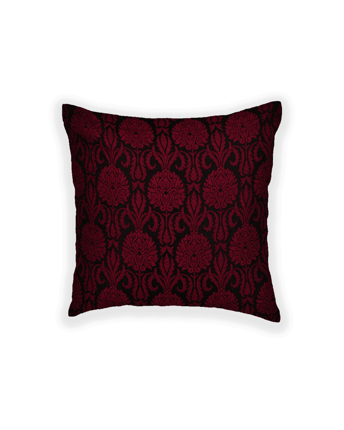 Maroon Brocade Woven Poly Silk Cushion Cover with Satin Back 16" - By HolyWeaves, Benares