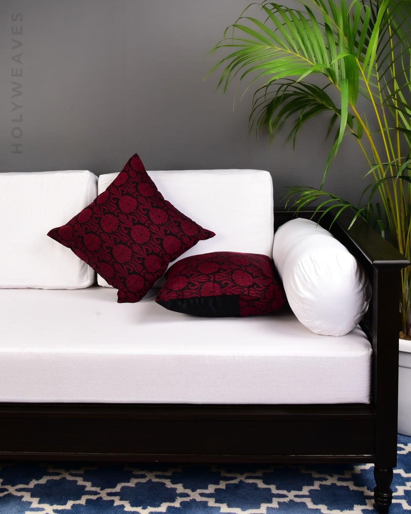 Maroon Brocade Woven Poly Silk Cushion Cover with Satin Back 16" - By HolyWeaves, Benares
