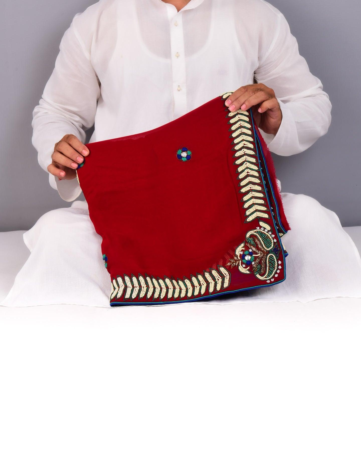 Maroon Hand-embroidered Georgette Saree - By HolyWeaves, Benares