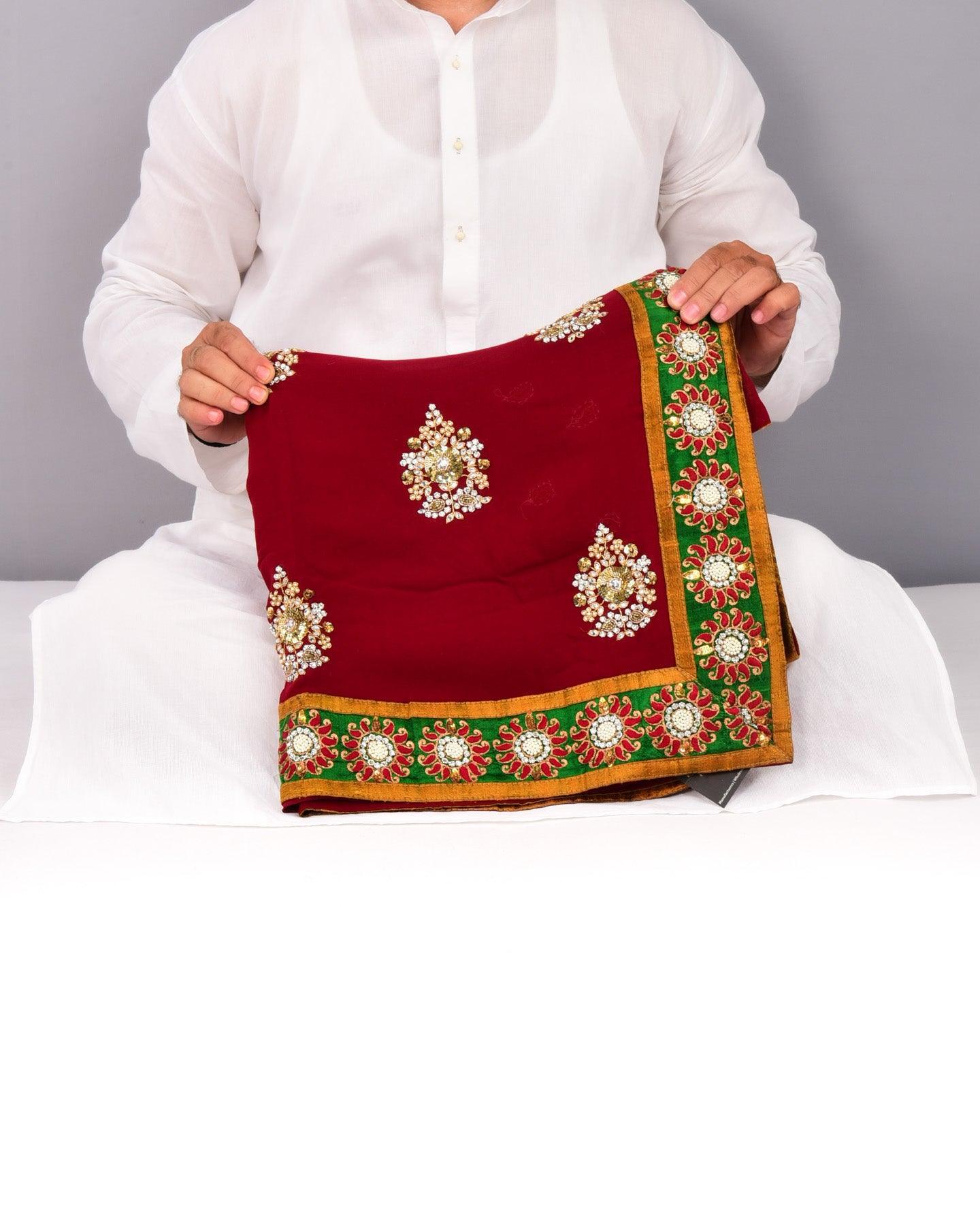 Maroon Hand-embroidered Georgette Saree - By HolyWeaves, Benares