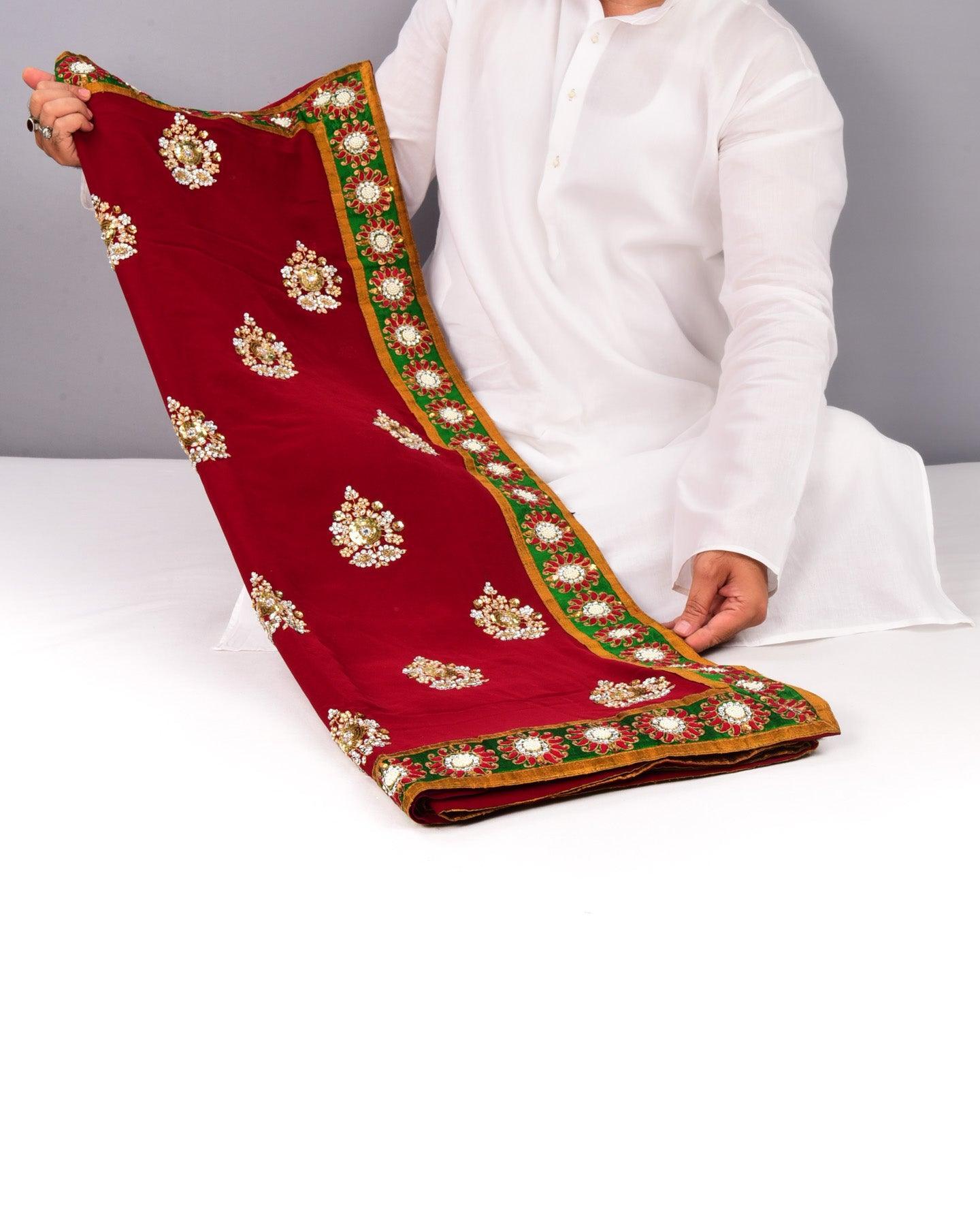 Maroon Hand-embroidered Georgette Saree - By HolyWeaves, Benares