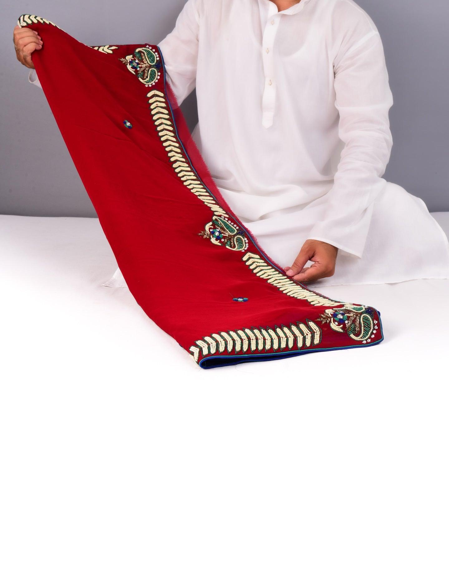 Maroon Hand-embroidered Georgette Saree - By HolyWeaves, Benares