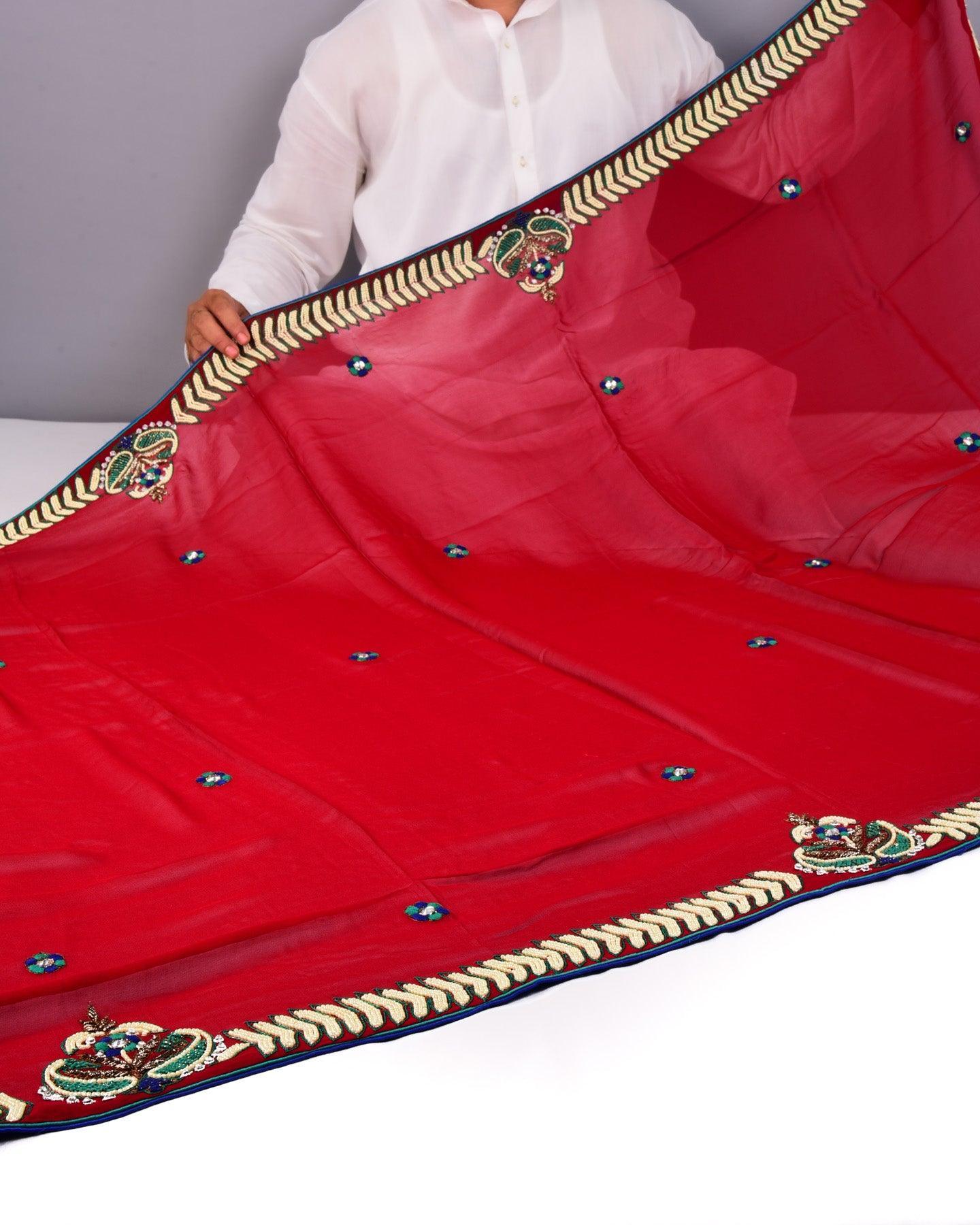 Maroon Hand-embroidered Georgette Saree - By HolyWeaves, Benares