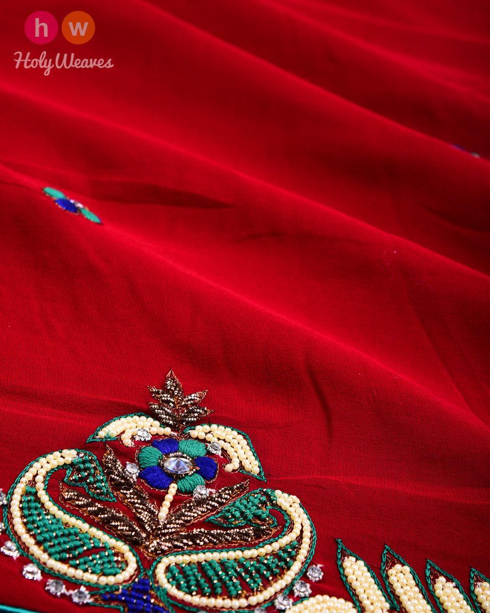 Maroon Hand-embroidered Georgette Saree - By HolyWeaves, Benares