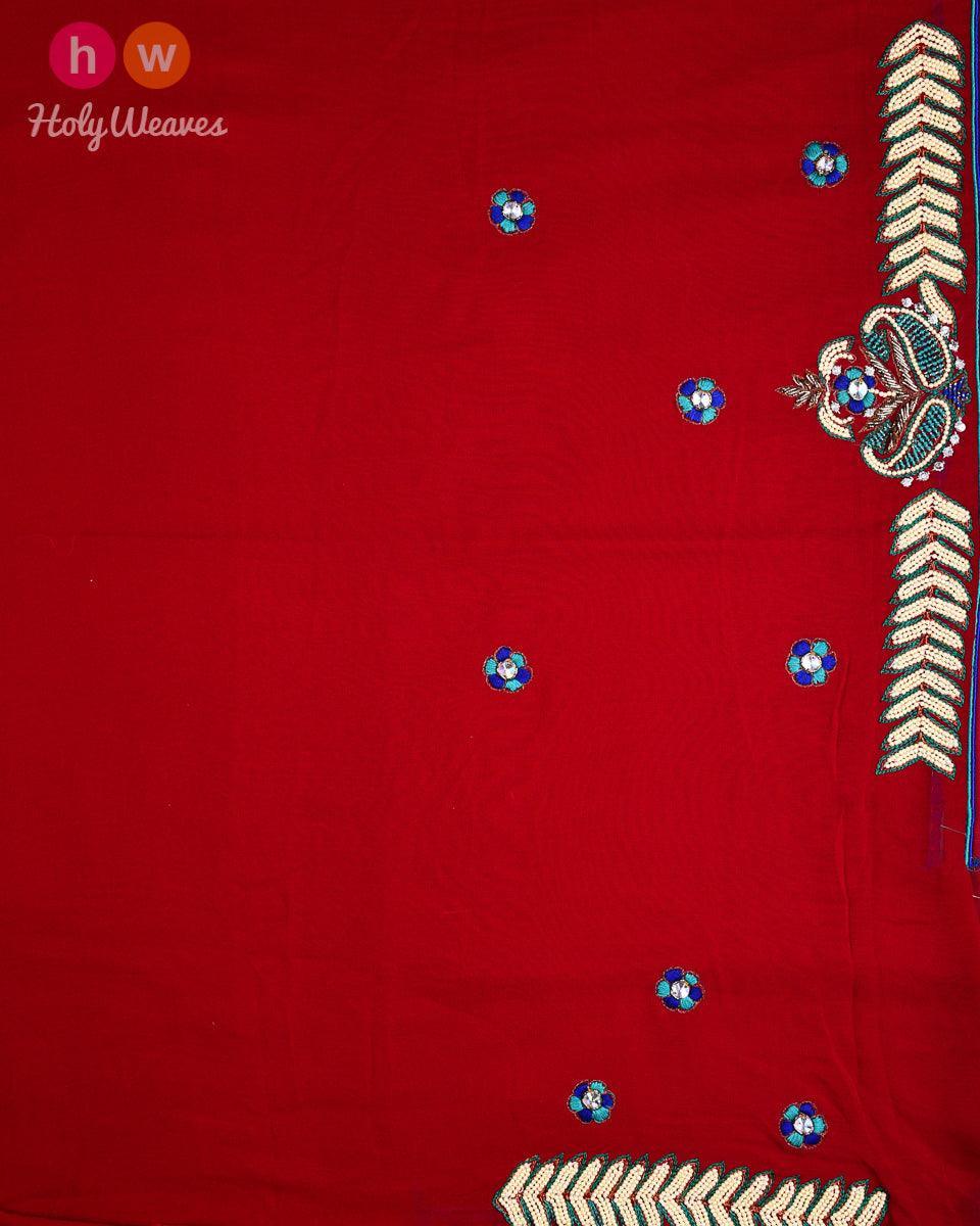 Maroon Hand-embroidered Georgette Saree - By HolyWeaves, Benares