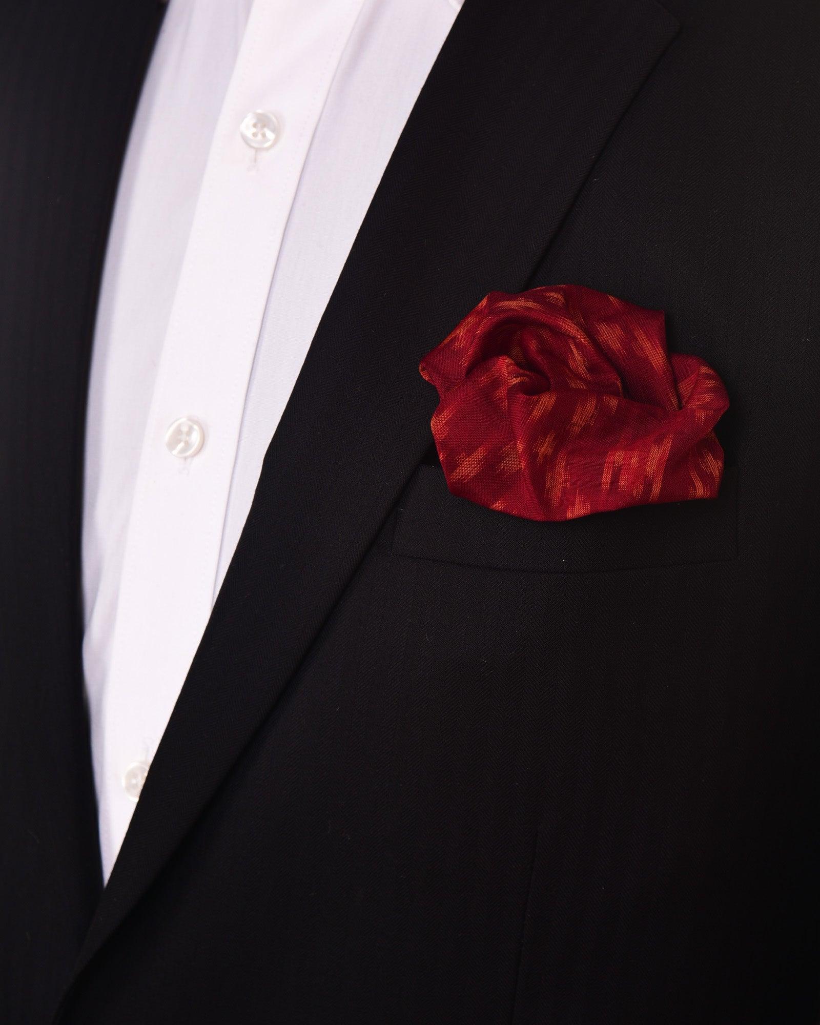 Maroon Ikat Handwoven Cotton Silk Pocket Square For Men - By HolyWeaves, Benares