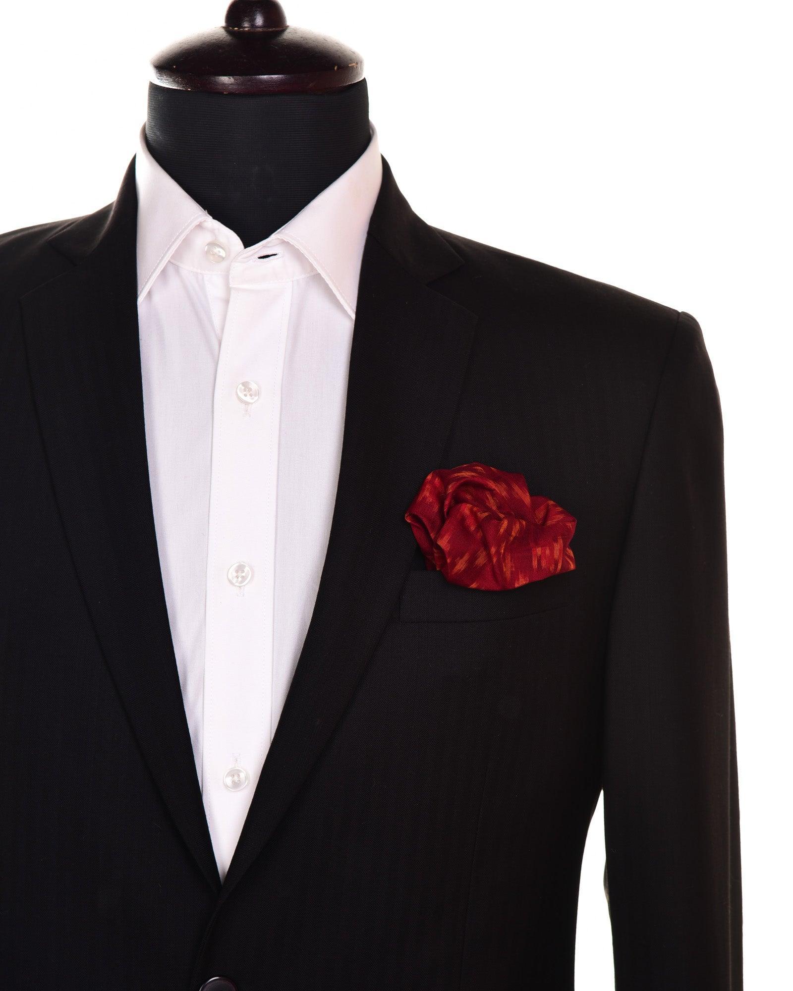 Maroon Ikat Handwoven Cotton Silk Pocket Square For Men - By HolyWeaves, Benares