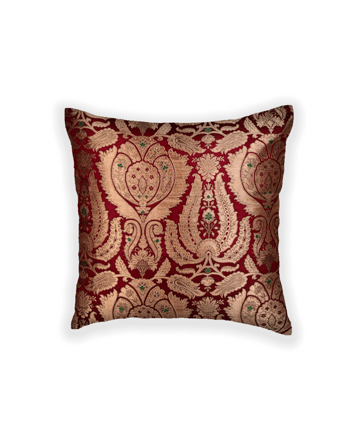 Maroon Kimkhwab Brocade Handwoven Viscose Silk Cushion Cover with Satin Back 16" - By HolyWeaves, Benares