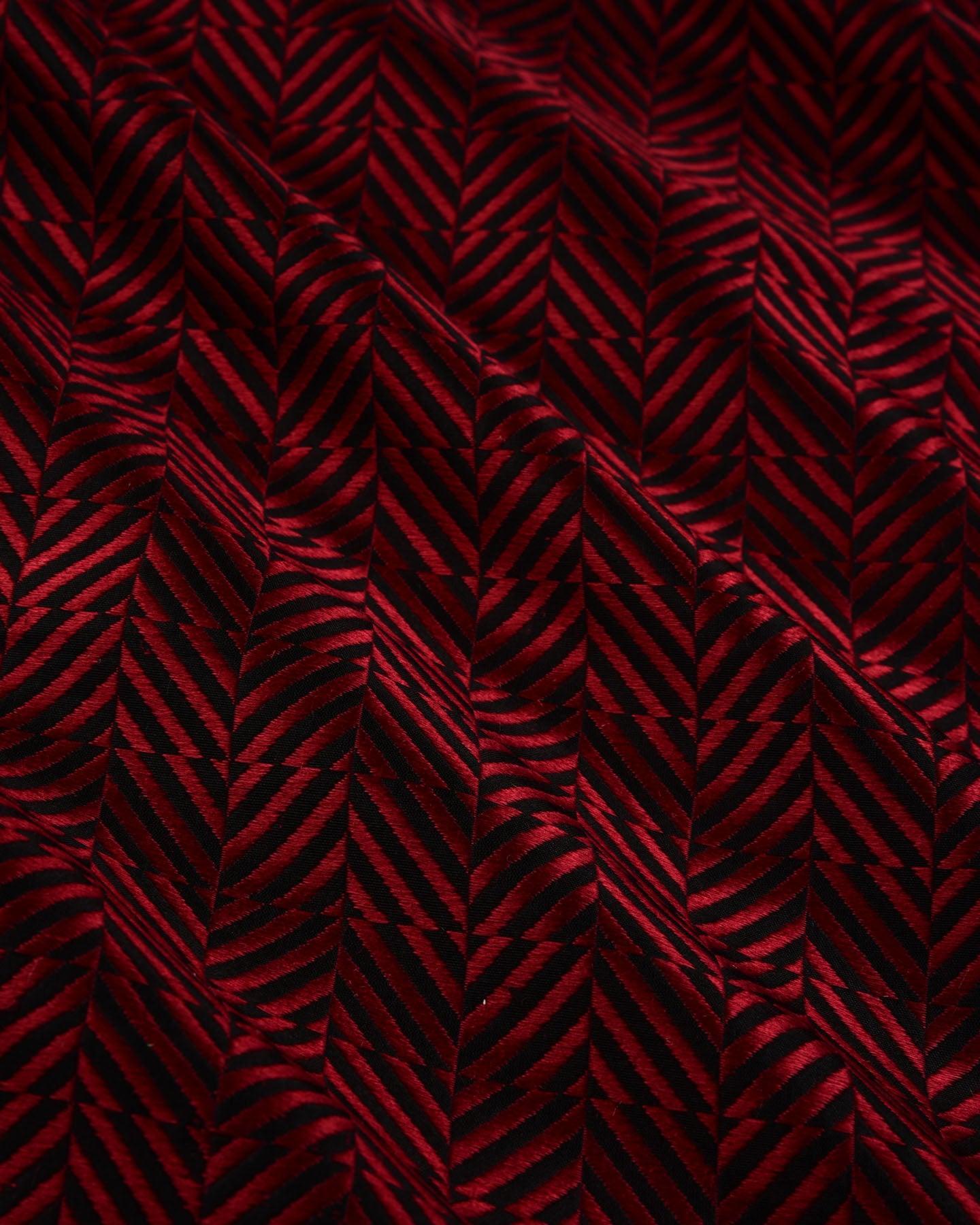 Maroon on Black Banarasi Split Herringbone Brocade Handwoven Katan Silk Fabric - By HolyWeaves, Benares