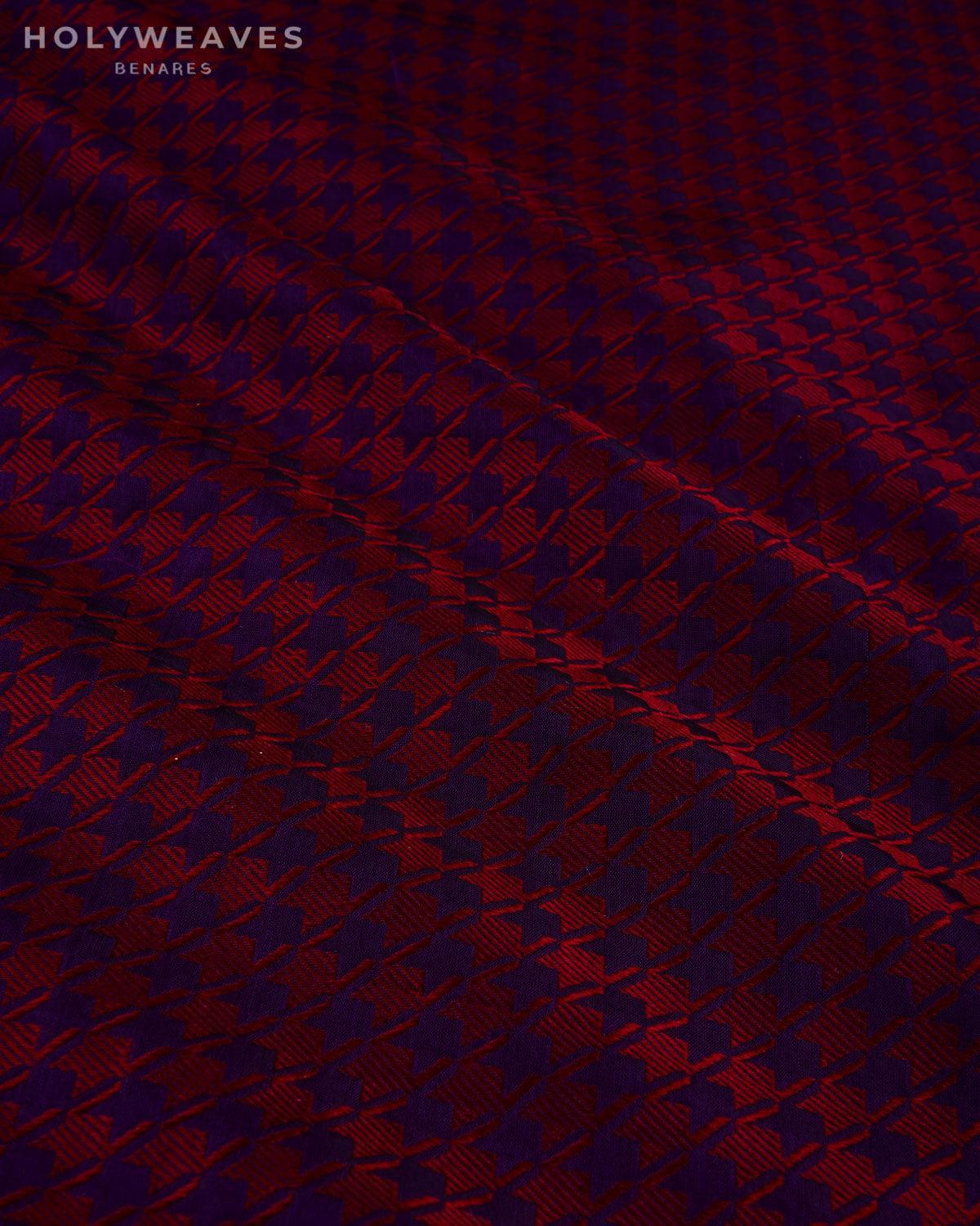 Maroon on Purple Banarasi Resham Houndstooth Brocade Handwoven Katan Silk Fabric - By HolyWeaves, Benares
