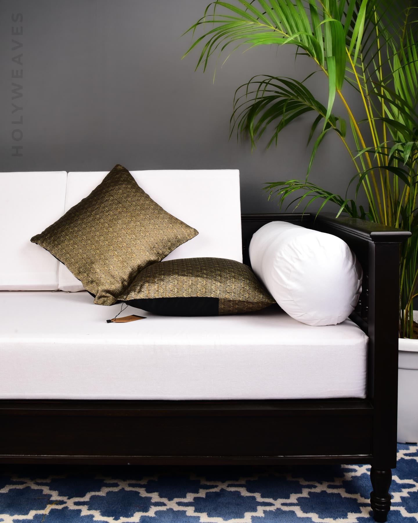 Metallic Black Brocade Woven Poly Cotton Cushion Cover with Satin Back 16" - By HolyWeaves, Benares