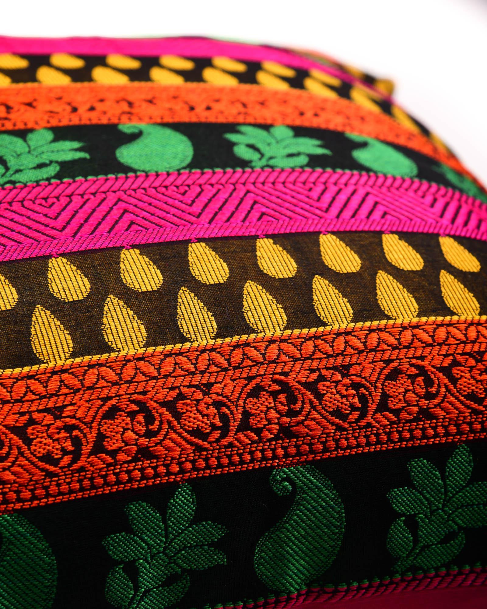 Multi-color Banarasi Jacquard Poly Silk Cushion Cover 16" - By HolyWeaves, Benares