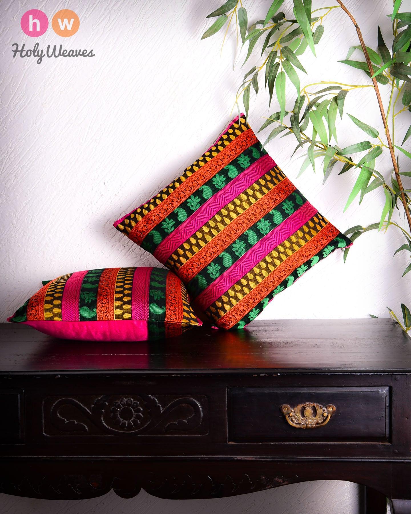 Multi-color Banarasi Jacquard Poly Silk Cushion Cover 16" - By HolyWeaves, Benares