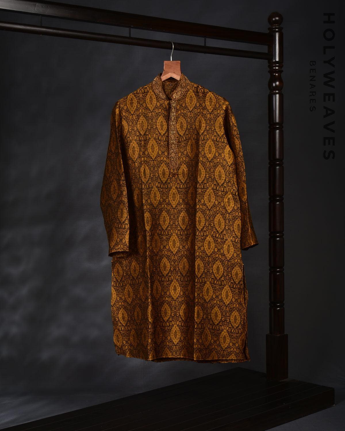 Mustard Banarasi Hand-embroidered Linen Silk Mens Kurta Pyjama - By HolyWeaves, Benares